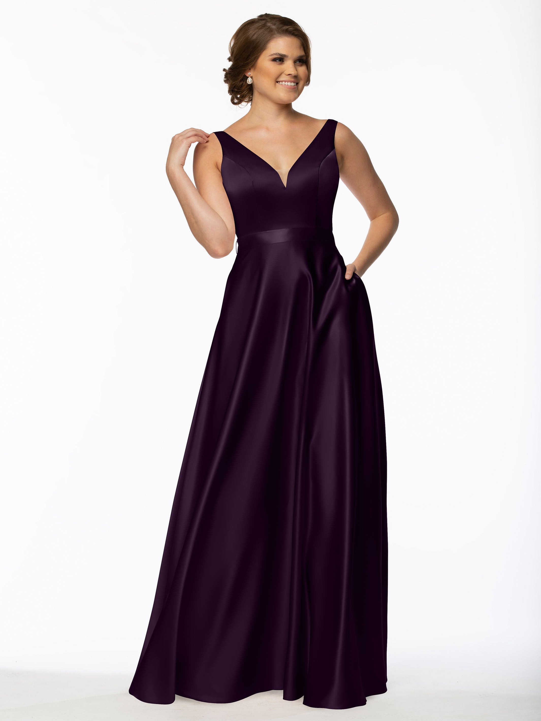 Elegant 80118 Satin A-Line Bridesmaid Dress with V-Neckline & Sash - Perfect for Weddings, Formal Events & Special Occasions