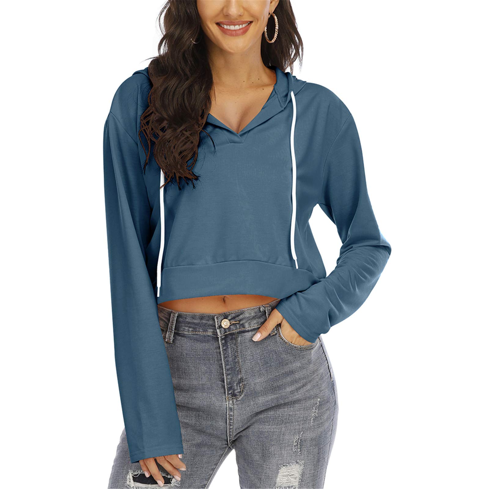Miqieer Women's V Neck Hooded Crop Top Sweatshirt - Long Sleeve Casual Pullover for Streetwear, Gym & Lounge