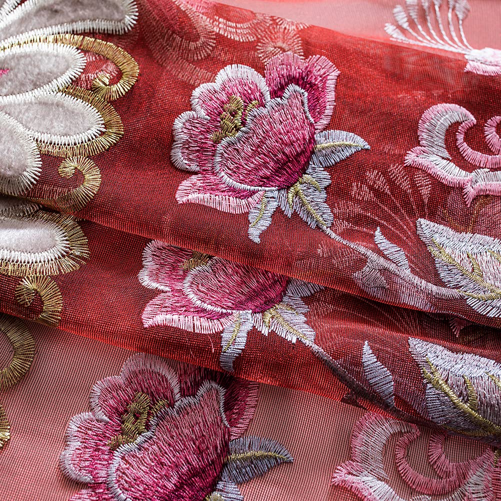 ELKCA Luxury Burgundy Red Chenille Floral Embroidered Curtains - Peony Design Grommet Top Window Drapes 52x84 Inches, 2 Panels for Bedroom, Living Room & Home Decor