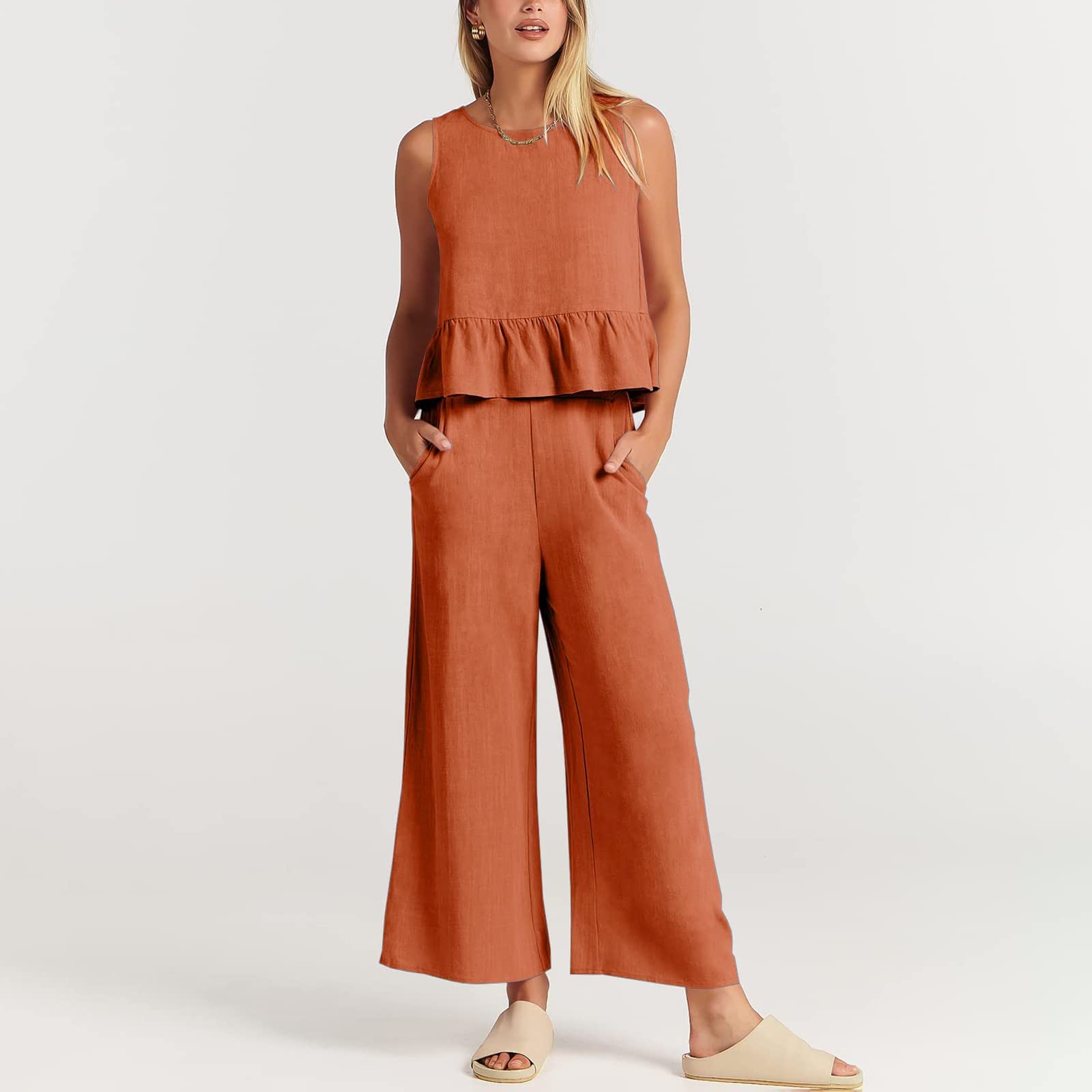 Women's 2-Piece Outfit Summer Cotton Linen Sleeveless Blouse & Shorts Set - Floral Print Casual Tracksuit Clubwear (Orange, XL) | Perfect for Beach Vacations, Music Festivals & Summer Outings