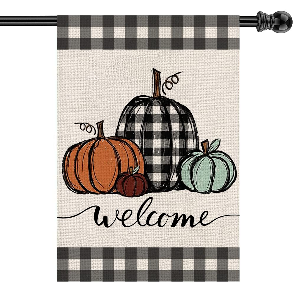 Double Sided Fall Pumpkin Garden Flag - Autumn Thanksgiving Buffalo Check Farmhouse Decor for Yard, Porch & Outdoor Seasonal Display (28x40 Inch)
