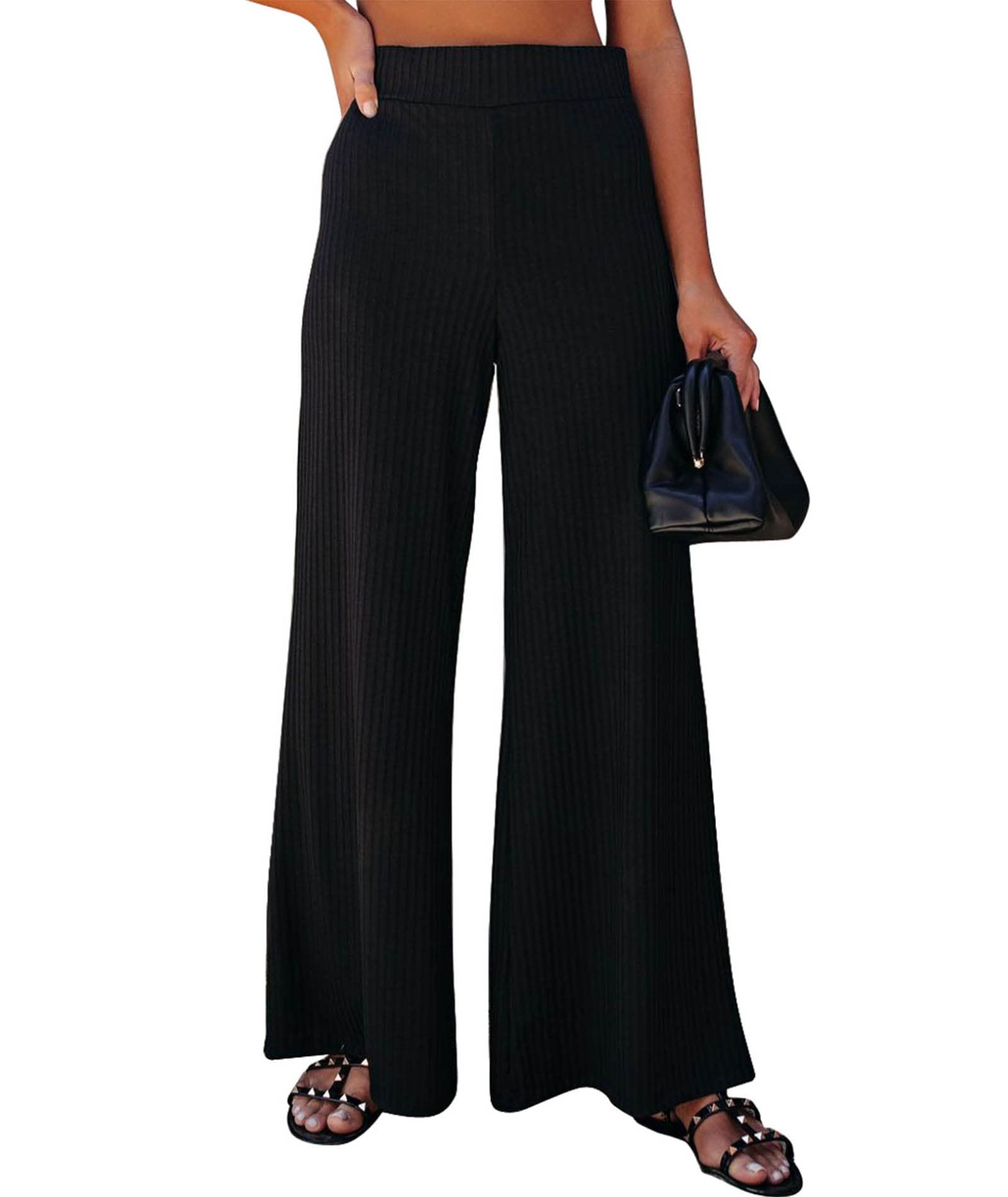 MARZXIN Women's High Waisted Wide Leg Knit Pants - Soft Stretchy Elastic Waist Lounge Pants for Casual Wear, Work from Home & Yoga