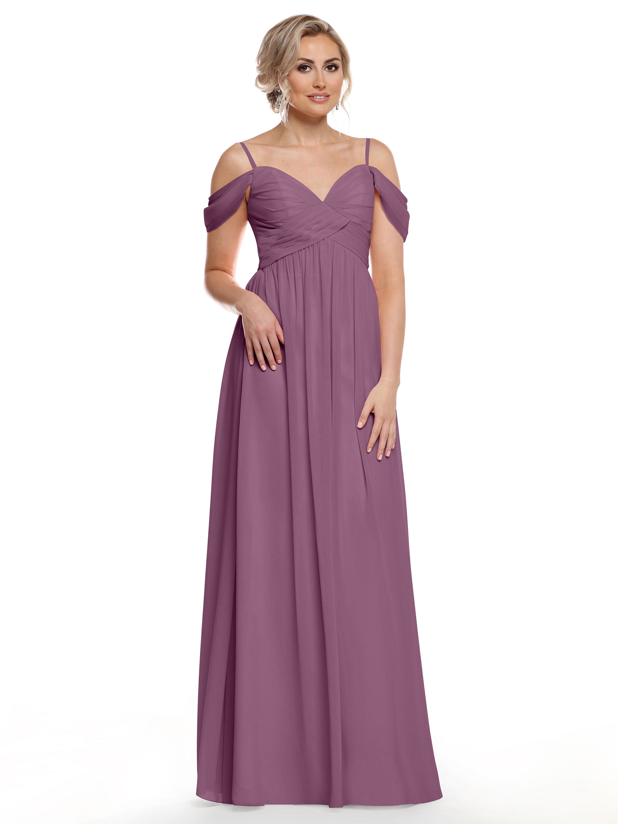 Elegant Off-the-Shoulder Chiffon Bridesmaid Dress with Spaghetti Straps - Flowy A-Line Formal Gown for Weddings, Parties & Special Occasions