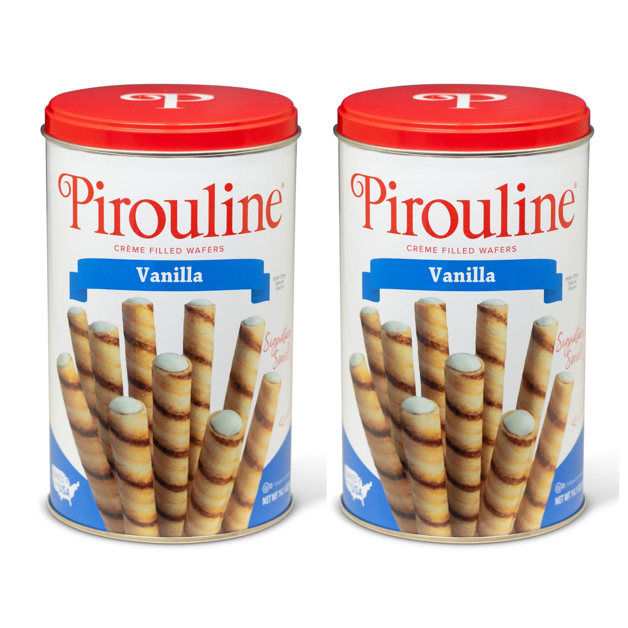 Pirouline Vanilla Rolled Wafer Cookies - Crème Filled Wafer Sticks for Coffee, Tea & Desserts - Perfect Snack for Parties, Gifts & Ice Cream Toppings - 14.1oz Tin (Pack of 2) | Great for Office Snacks, Afternoon Tea & Holiday Treats