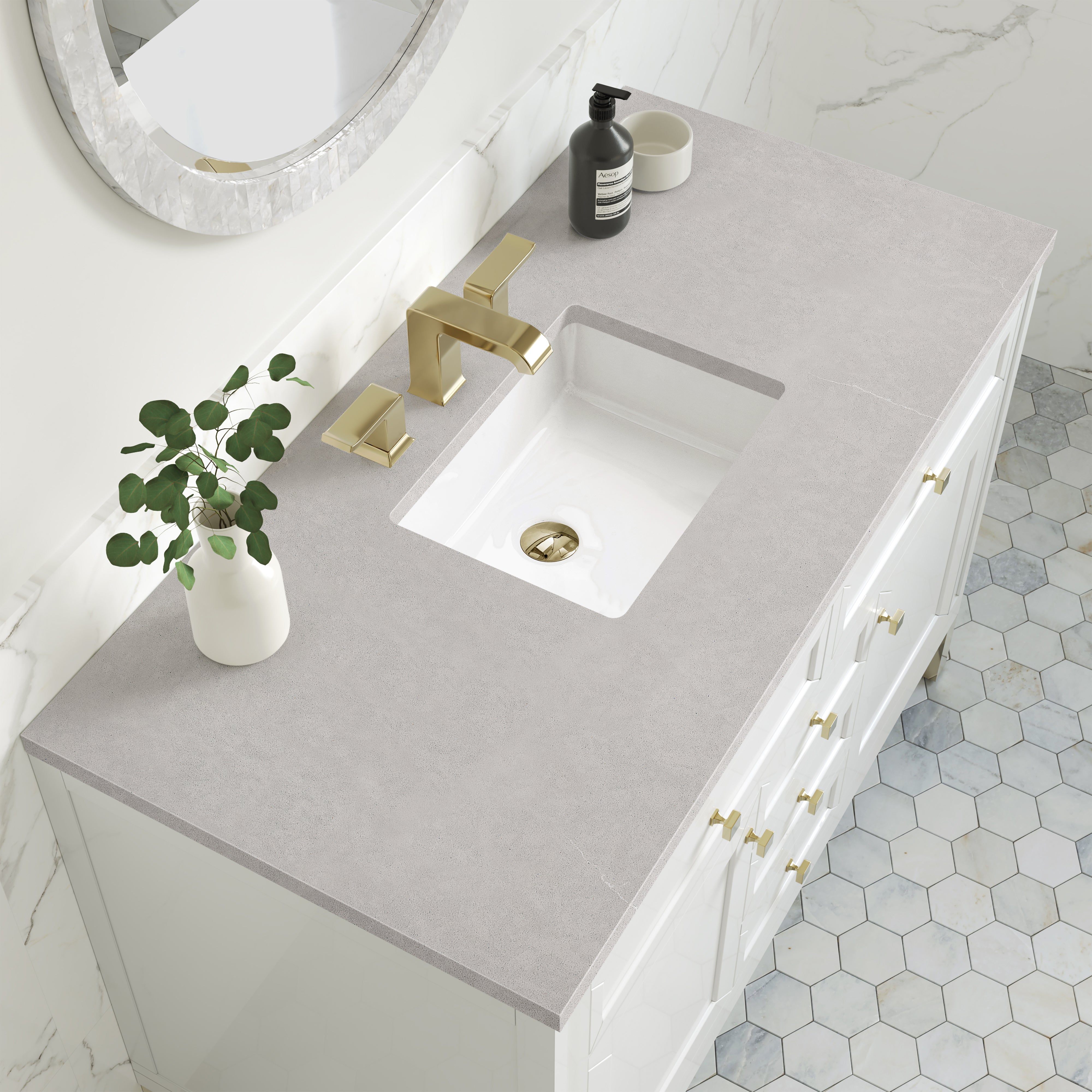 Chicago 48 Inch Single Bathroom Vanity Set with Glossy White Finish & 3CM Eternal Serena Stone Top - Perfect for Modern Home Bathroom Remodeling and Space-Saving Design