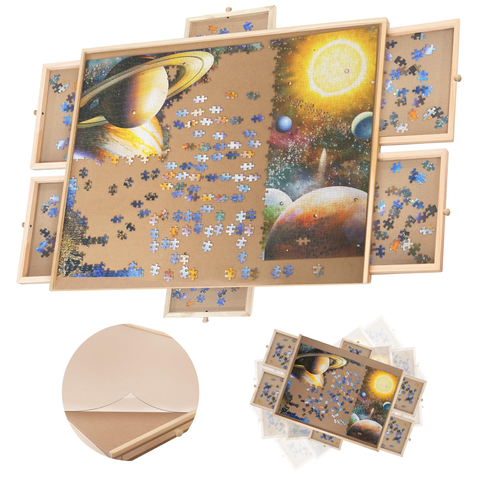 Nattork 1500 Piece Wooden Jigsaw Puzzle Board - 6 Drawers Storage, Rotating Puzzle Table with Cover, Portable Jigsaw Puzzle Table for Adults & Kids - Perfect for Family Game Nights, Travel, and Educational Activities