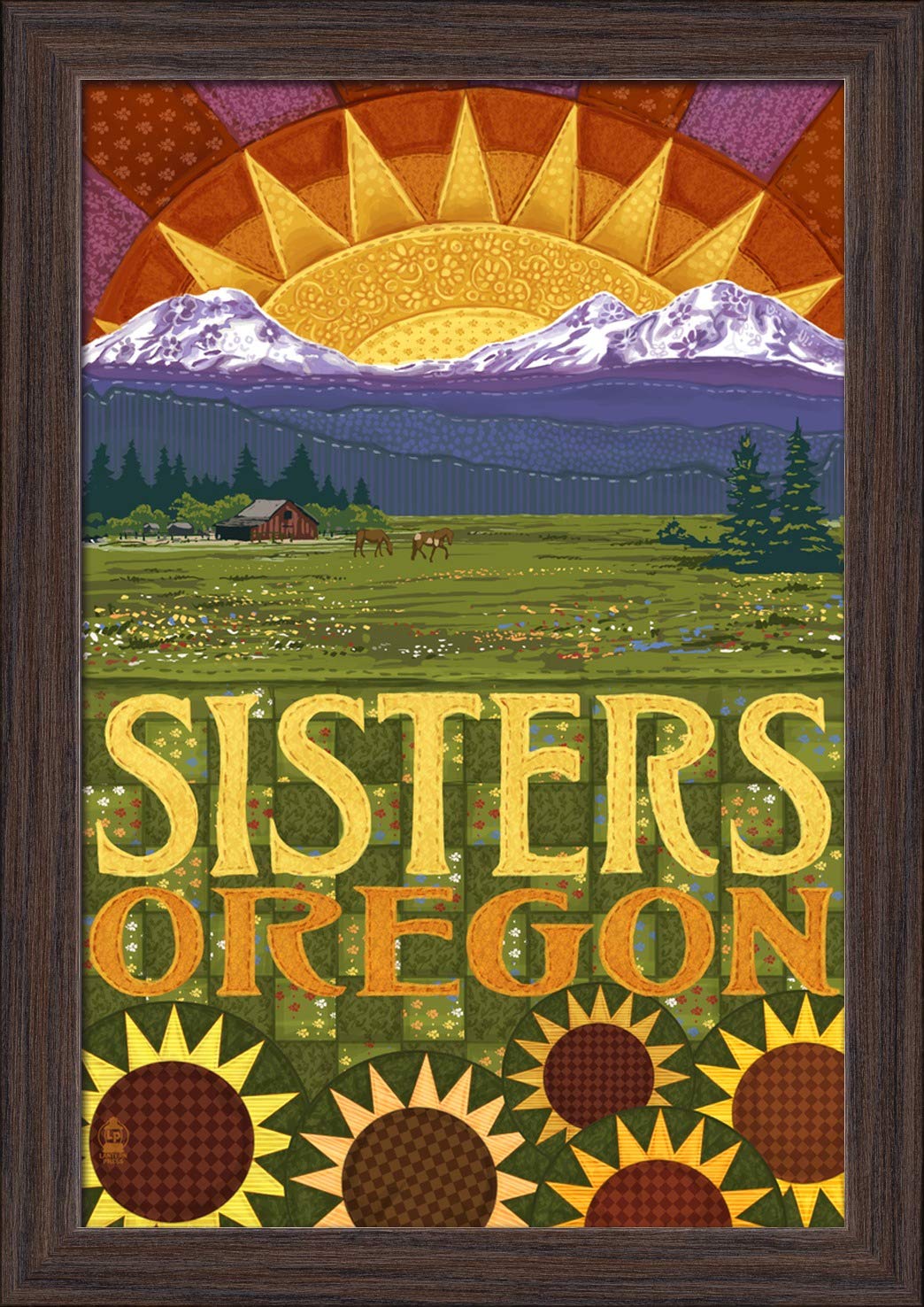 Oregon Sisters Mountains and Meadow Quilt Design Art Print - 12x18 Inch Giclee Fine Art on Recycled Wood Frame in Espresso Brown - Perfect for Bedroom, Living Room & Office Wall Decor