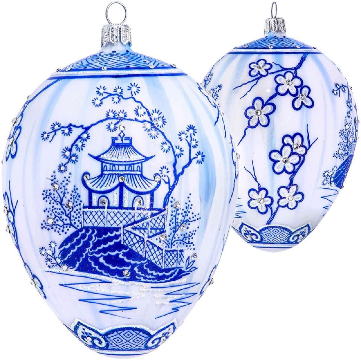 Joy to the World Collectibles Glitterazzi Chinoiserie Blue & White Jeweled Egg Polish Glass Christmas Ornament - Perfect for Holiday Tree Decor, Gift Giving & Festive Home Decor