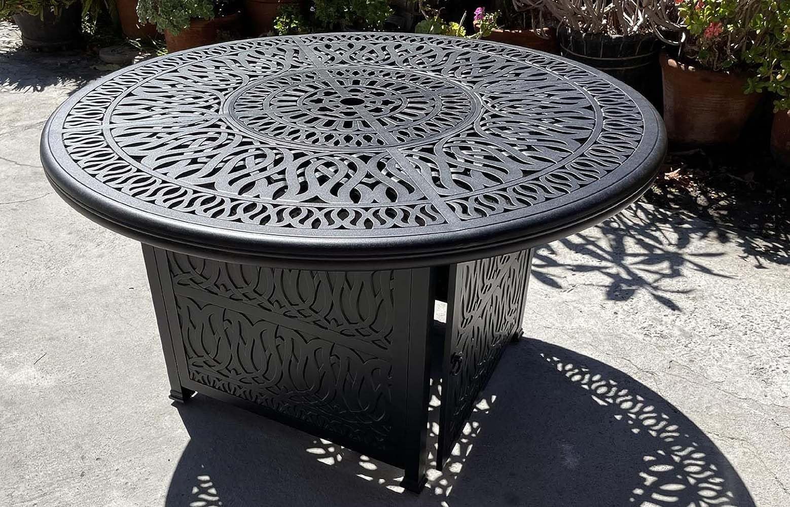 Round Fire Pit Table - Cast Aluminum Patio Dining Set for Outdoor Gatherings, Backyard BBQ, and Camping Nights