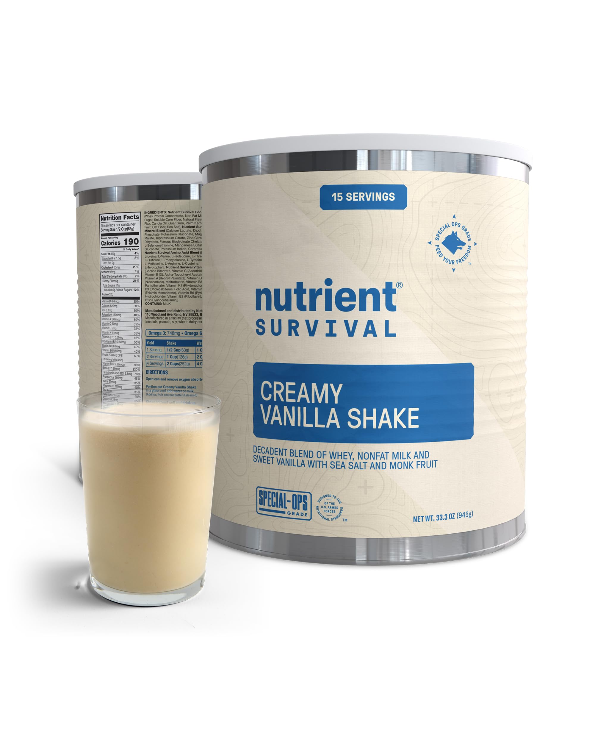 Nutrient Survival Protein Shake - Creamy Vanilla Whey Protein Powder | Freeze Dried Emergency Food with 40 Essential Nutrients | Gluten Free, 25 Year Shelf Life (15 Servings) - Perfect for Prepper Supplies, Camping & Survival Kits
