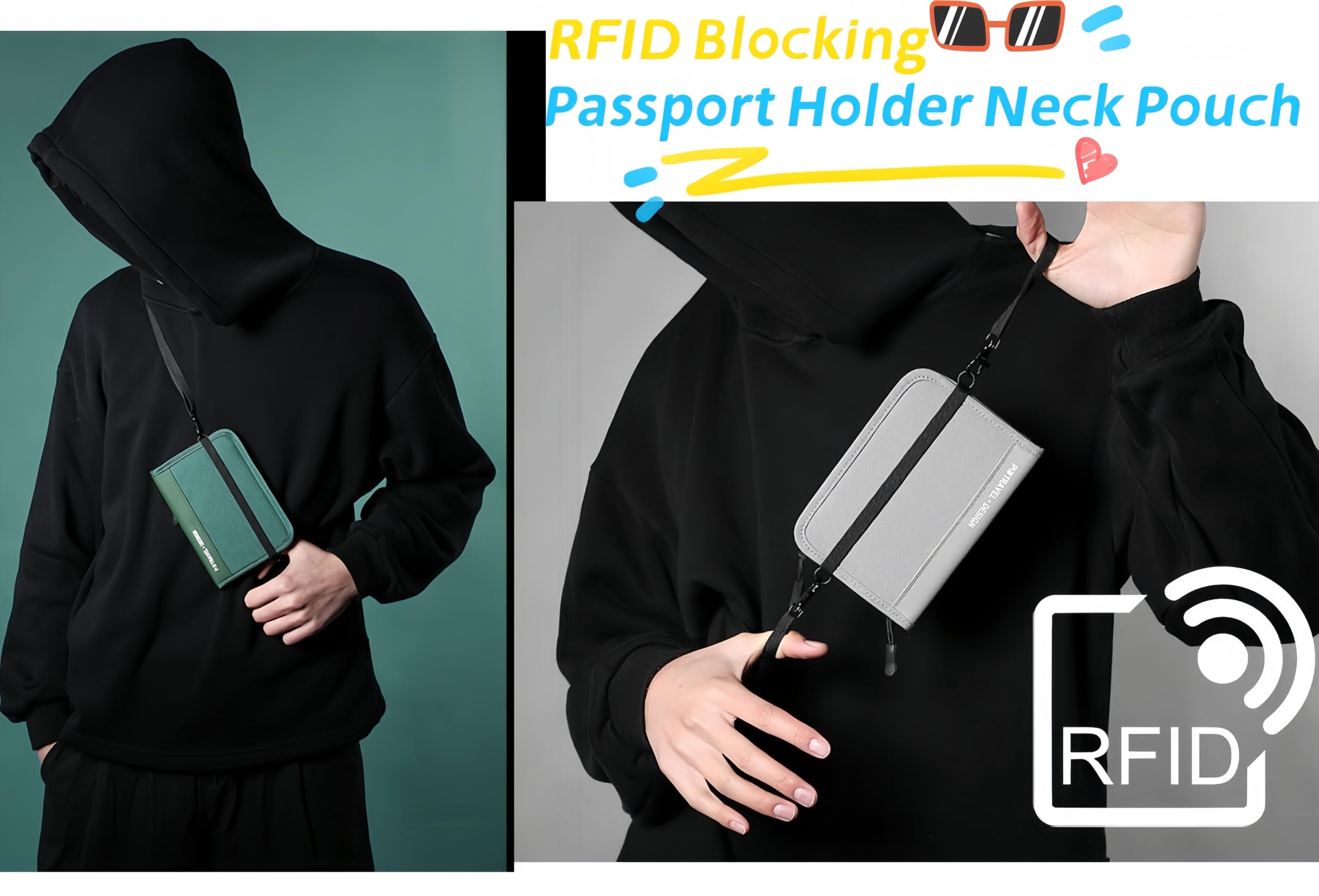 RFID Blocking Travel Neck Wallet - Slim Passport Holder for Men & Women | Waterproof Hidden Pouch for Cash, Credit Cards & Documents | Perfect for Airports, Sightseeing & International Trips (Green)