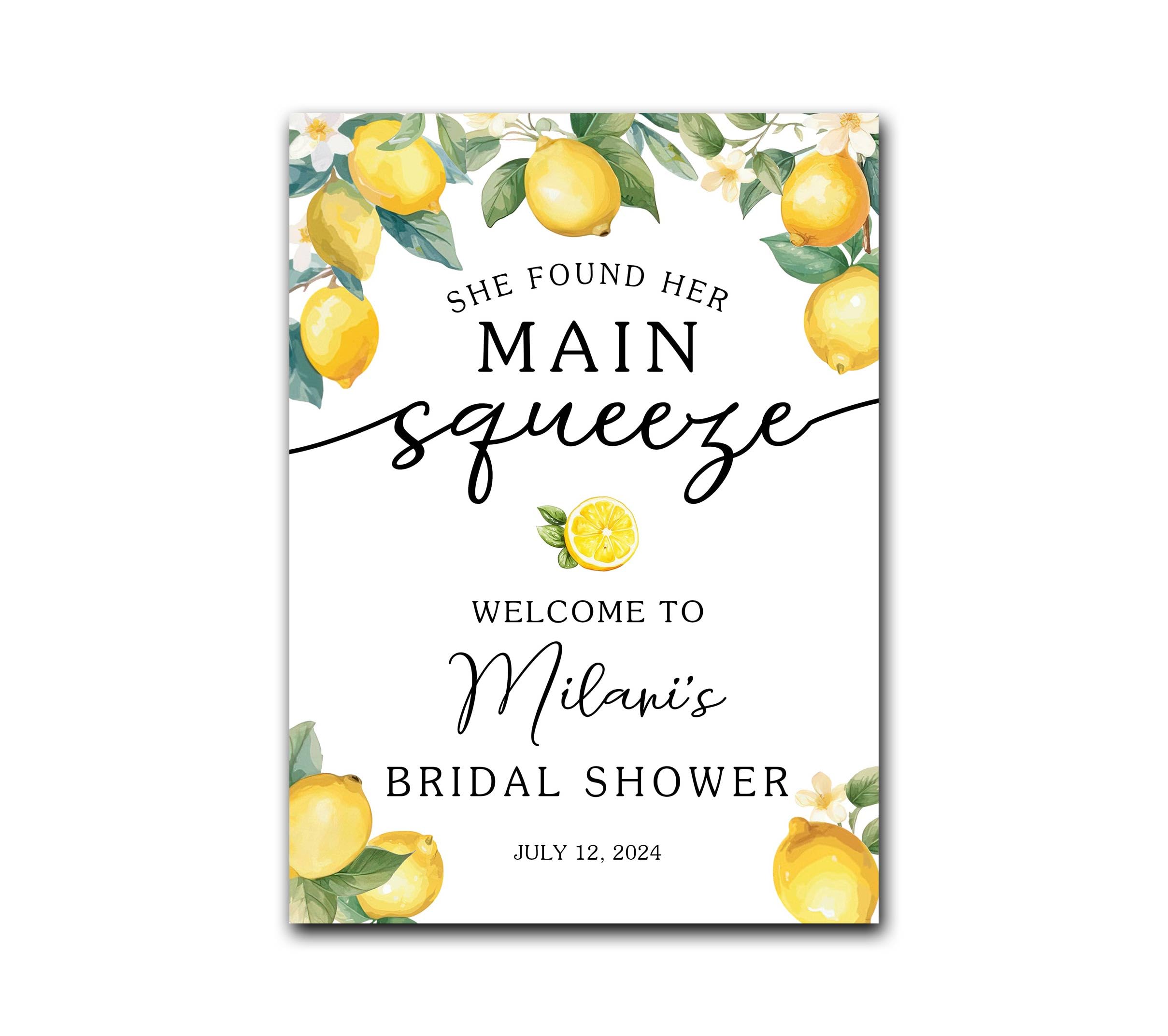 Custom Lemon Citrus Bridal Shower Welcome Sign - Personalized 'She Found Her Main Squeeze' Backdrop for Wedding Showers & Bachelorette Parties - Perfect for Lemon-Themed Celebrations, Photo Booths & Home Decor