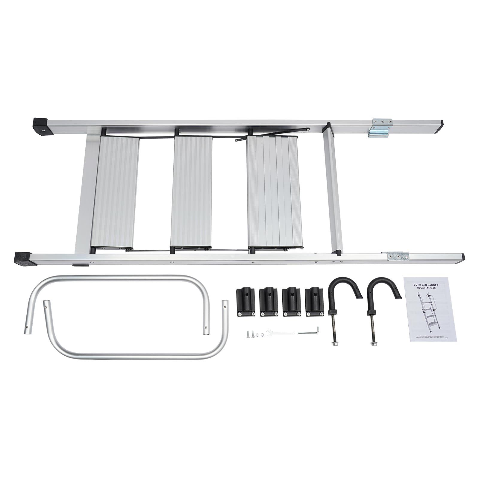 4-Step Aluminum RV Bunk Bed Ladder with Adjustable Handrail & Non-Slip Rubber Feet - Heavy Duty Loft Ladder for Campers, Trailers, Tiny Homes & Kids Bunk Beds (Silver)