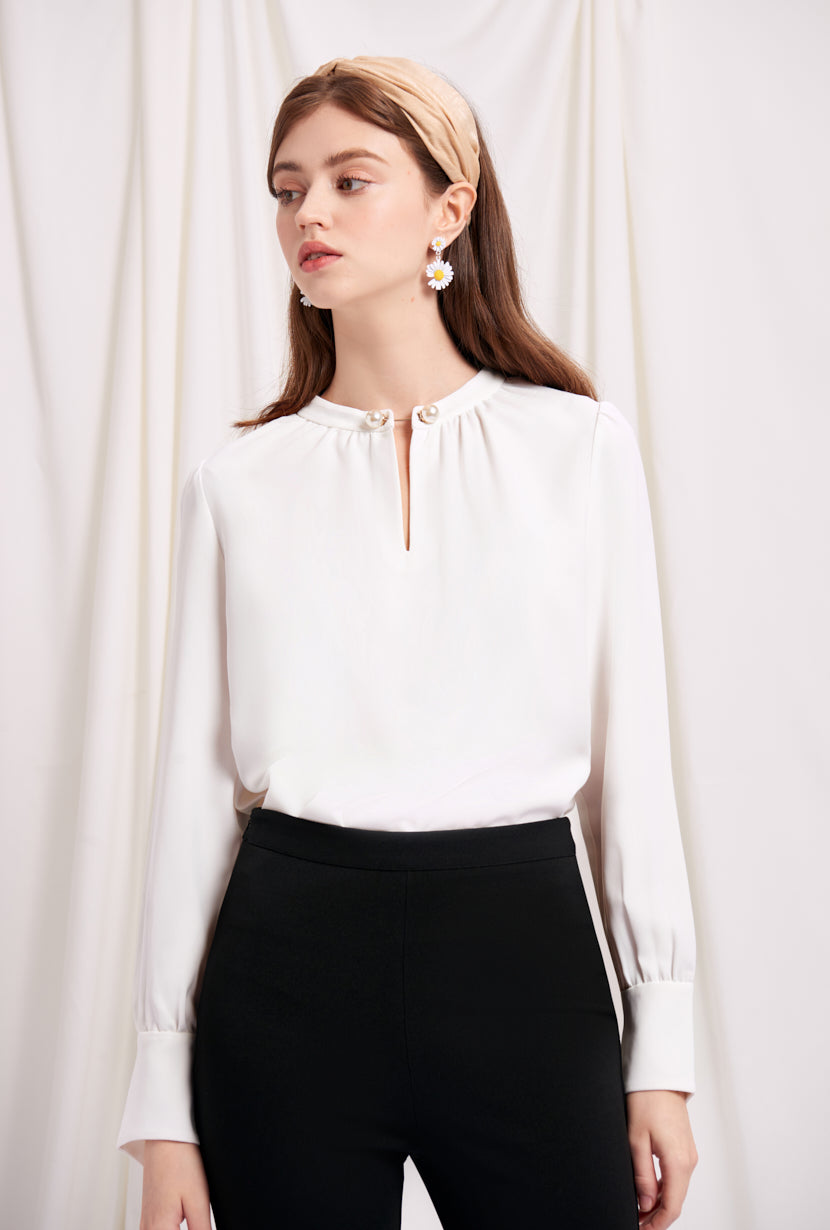 Buvette Pearl Blouse Ivory - Elegant Women's Pearl Embellished Blouse for Work & Special Occasions | Perfect for Office, Parties & Date Nights