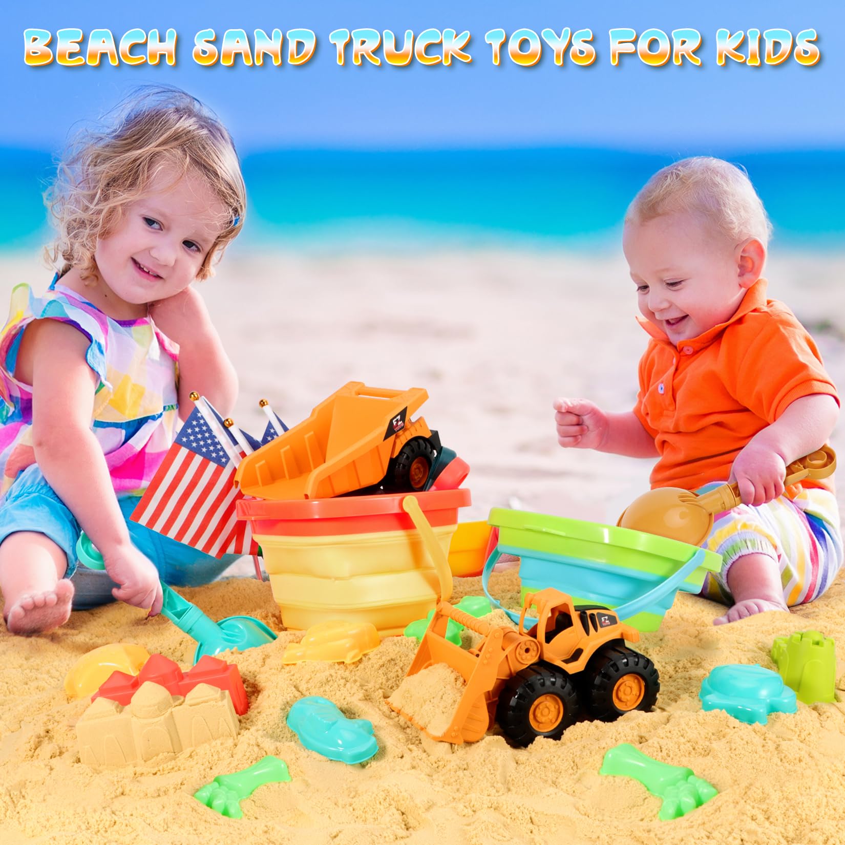 29PCS Beach Sand Toys Set for Kids Ages 3-10 - 2 Collapsible Buckets, 2 Dump Trucks, Dinosaur Molds, Castle Kit, Shovels & Mesh Storage Bag | Outdoor Sandbox & Travel Beach Toys for Toddlers | Perfect for Beach Vacations, Backyard Play & Summer Activities