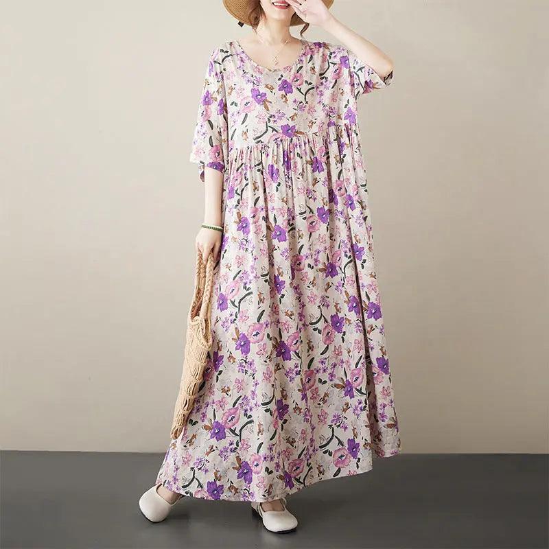 Bohemian Maxi Dress for Women - Pink Floral Cotton Summer Dress with Half Sleeves | Beach Wedding, Vacation & Casual Outfit