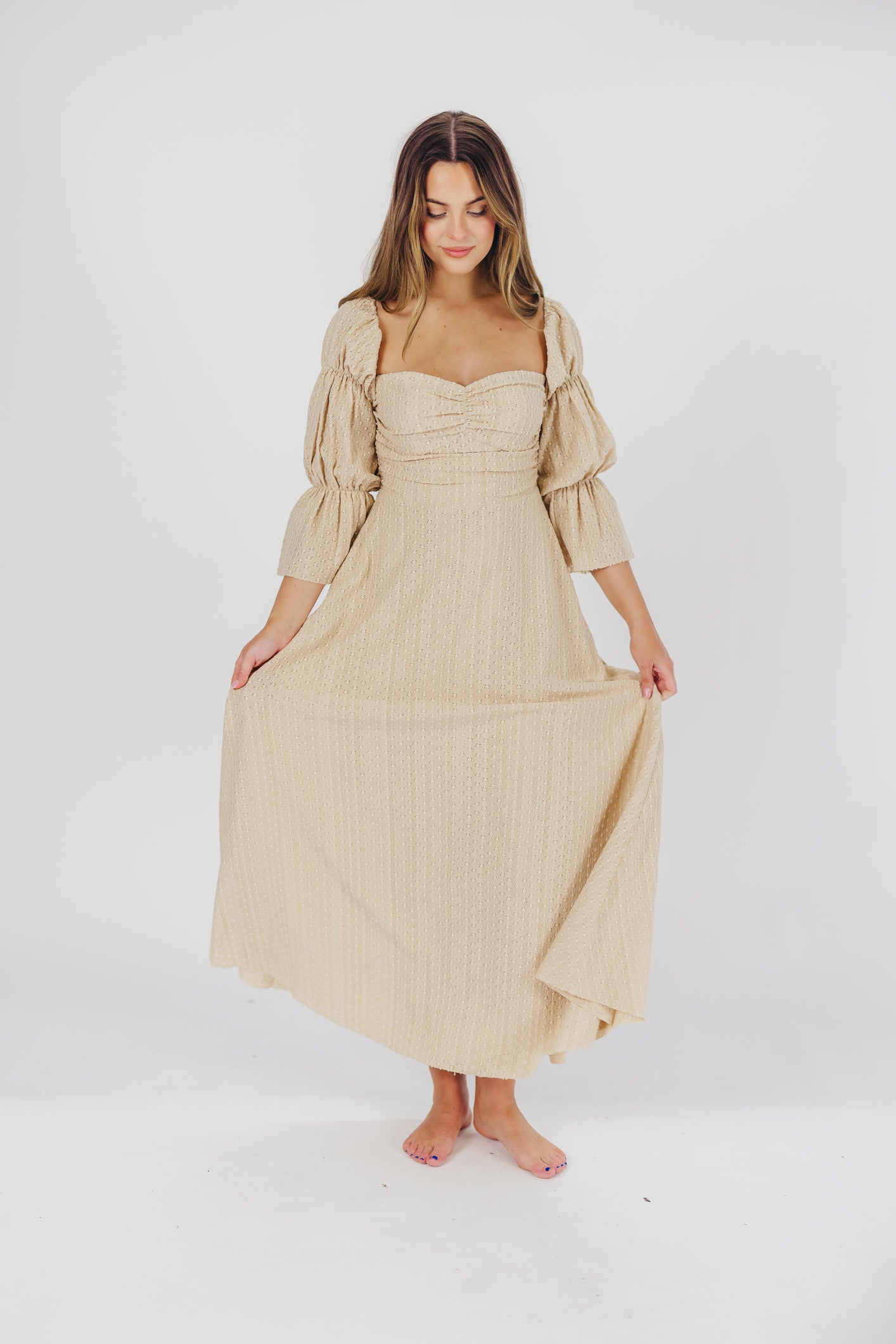 Corrine Tiered Sleeve Maxi Dress with Pockets - Bump Friendly Maternity Dress in Beige | Perfect for Pregnancy, Nursing, and Special Occasions