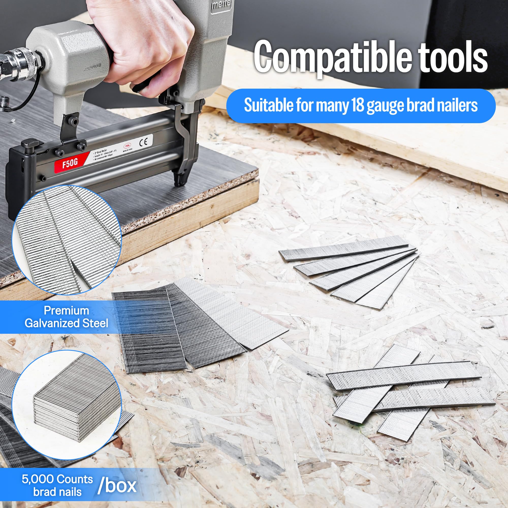 Meite F19 18 Gauge 3/4-Inch Galvanized Brad Nails - 5,000 PCS/Box (20 Boxes/Case) for Upholstery, Trim, Molding & Woodworking | Perfect for Furniture Repair, DIY Projects & Home Improvement
