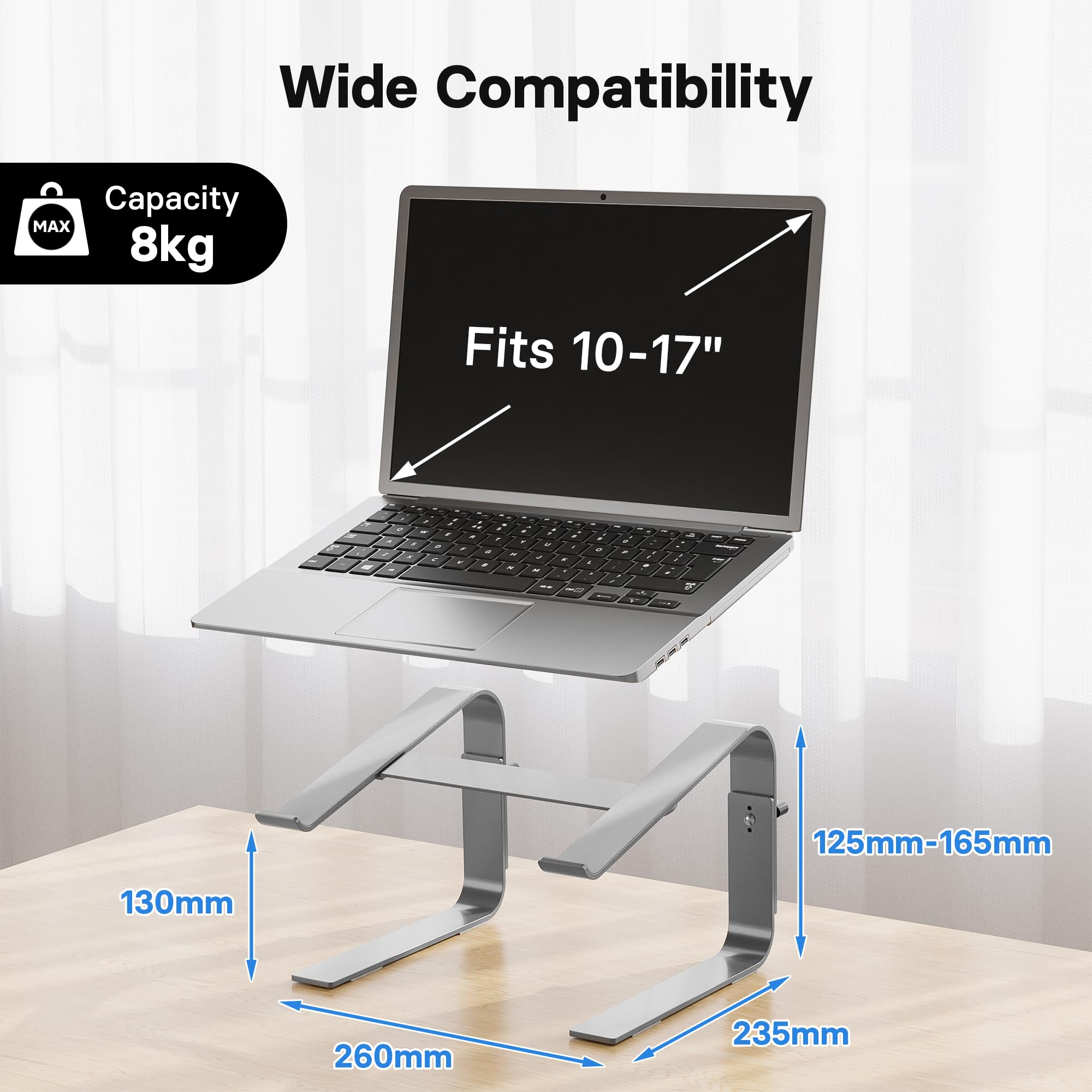 Adjustable Laptop Stand for 10-17 Inch Notebooks - Ergonomic Height-Adjustable Computer Stand for MacBook, PC, Laptop up to 8kg - Silver - Perfect for Home Office, Gaming & Workspace Setup