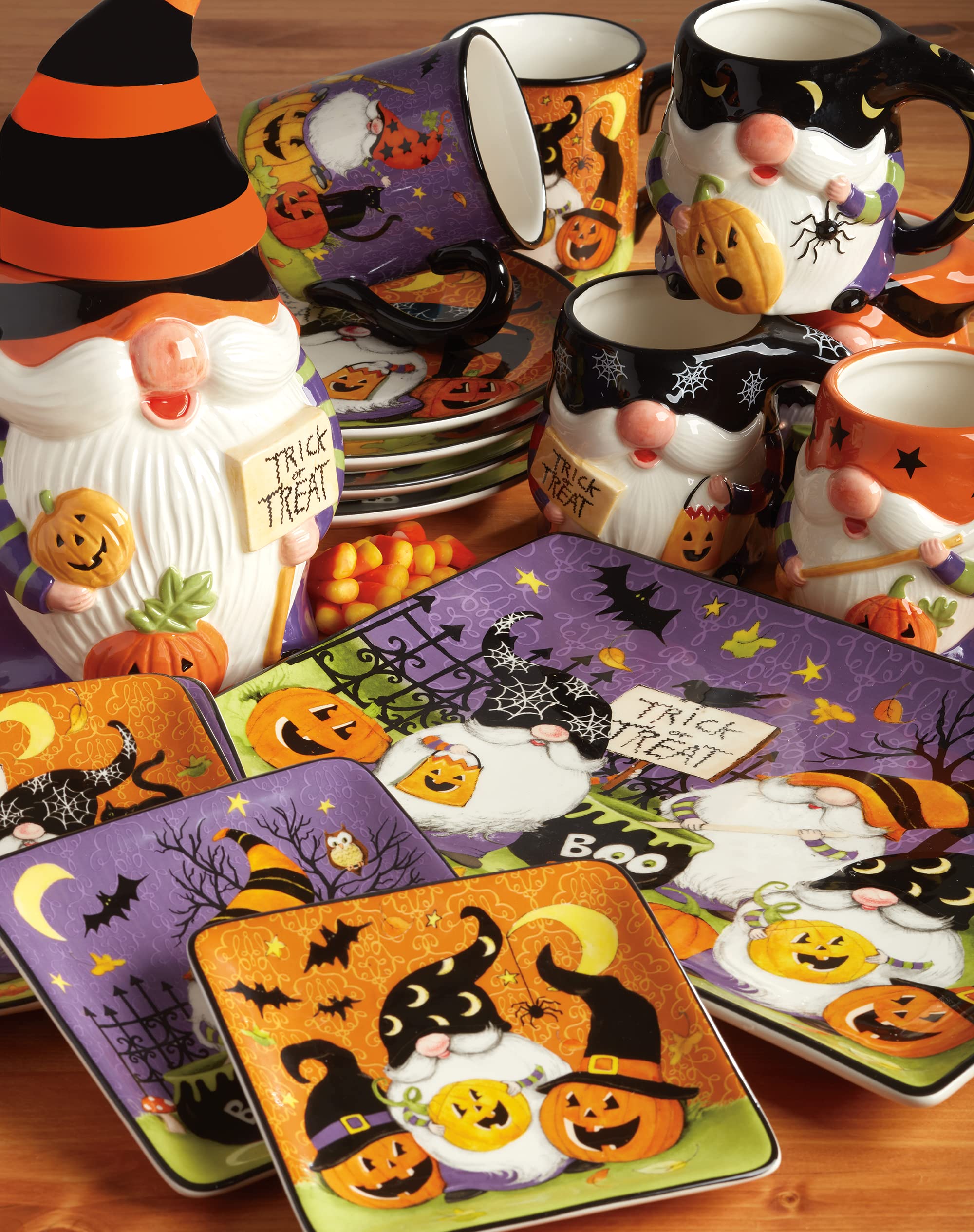 Halloween Gnome 6-Inch Square Plates - Set of 4 Colorful Small Appetizer Dishes for Halloween Party, Dinner, or Luncheon | Certified International