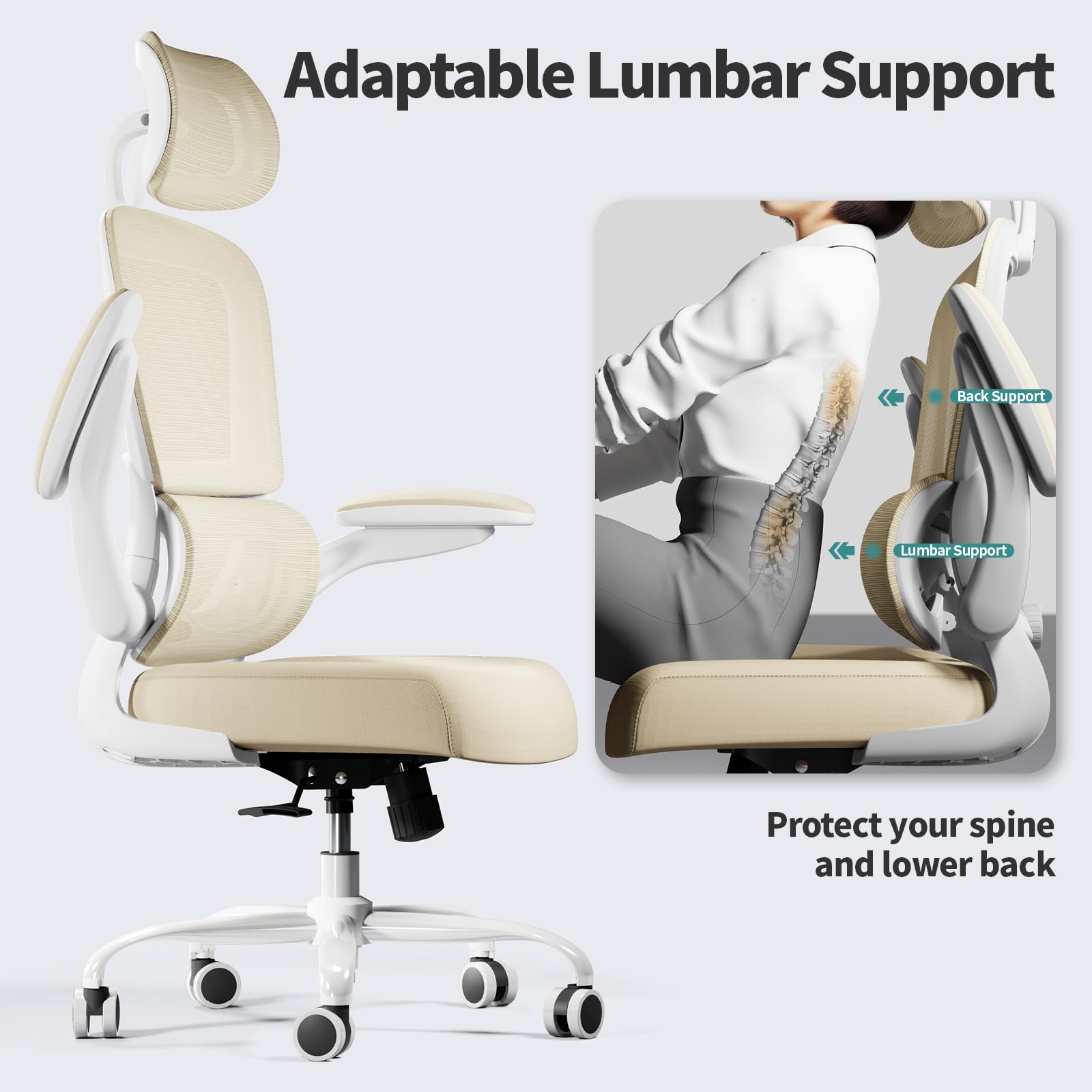 Ergonomic Office Chair with Wheels - 330 LBS Capacity Mesh Computer Desk Chair for Home & Gaming, High Back Support for Long Hours Sitting (Beige) - Perfect for Home Office, Gaming Setup & Workspaces