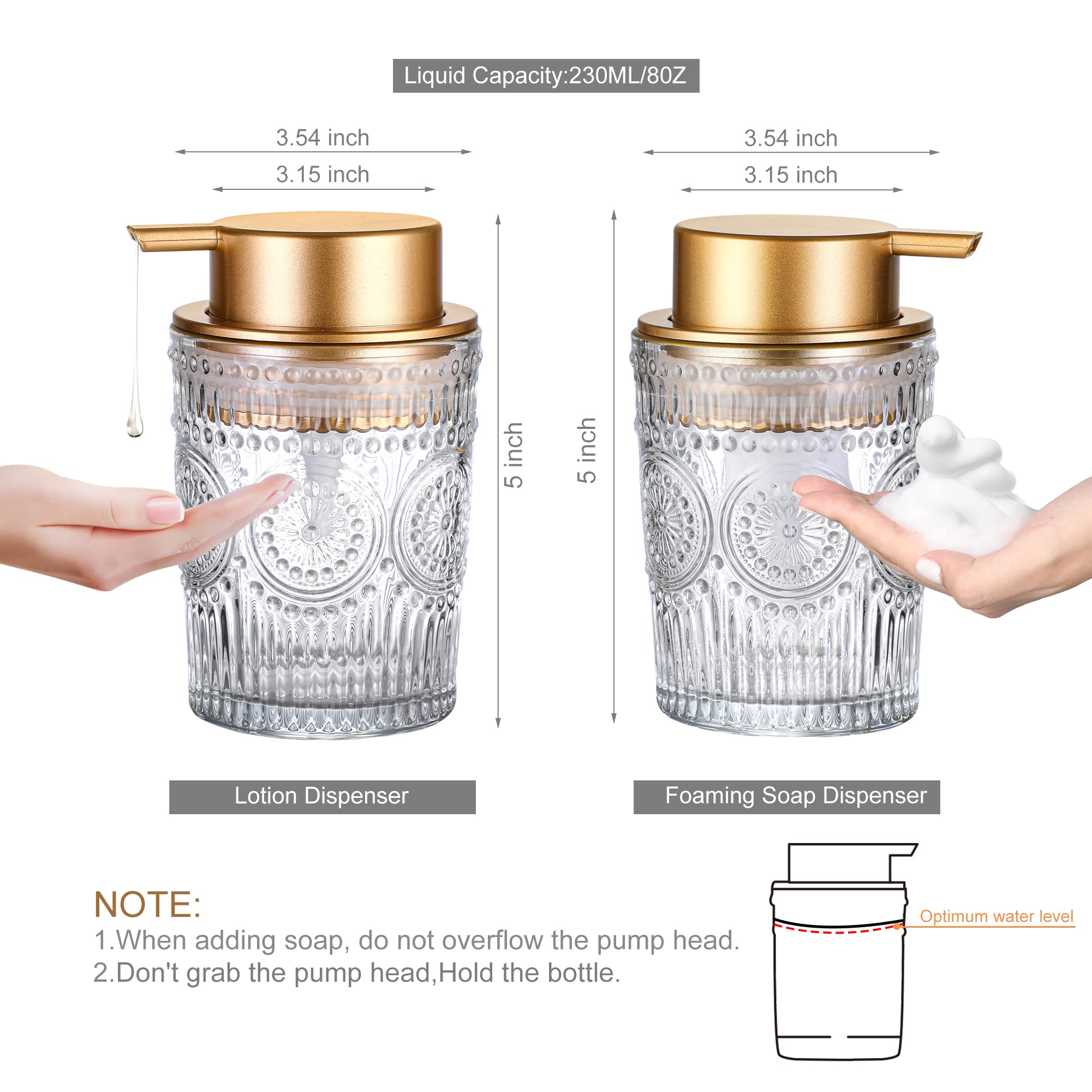 8 Oz Clear Glass Foam Soap Dispenser with Gold Plastic Pump - Refillable Round Foaming Lotion Dispenser for Kitchen, Bathroom & Vanity - Perfect for Liquid Hand Soap, Dish Soap & Shampoo Storage