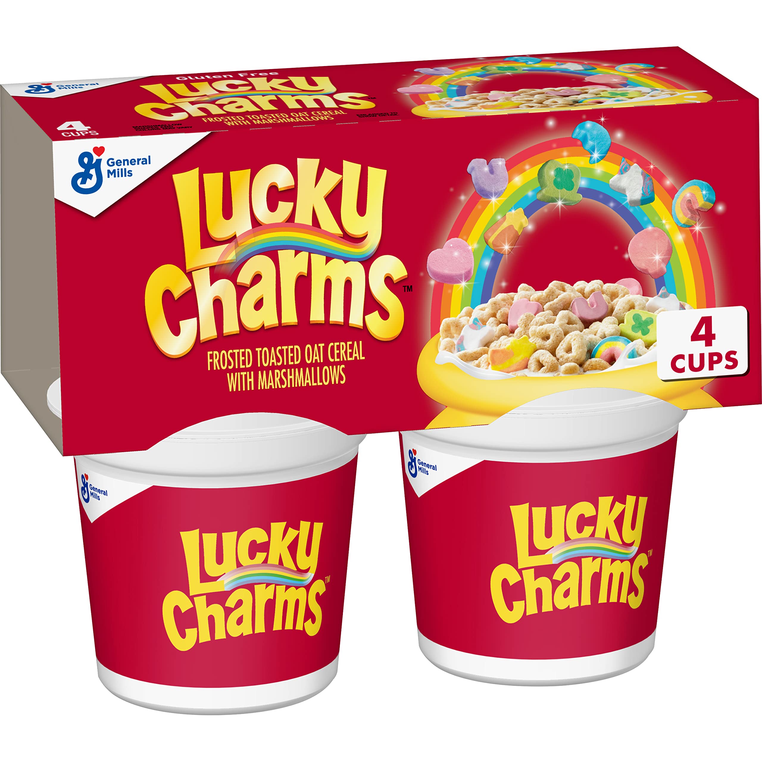 Lucky Charms Gluten Free Cereal with Marshmallows - 4 Pack (6.8oz Cups) - Breakfast Cereal for Kids & Adults - Perfect for School Lunches, Snacks & Family Breakfast