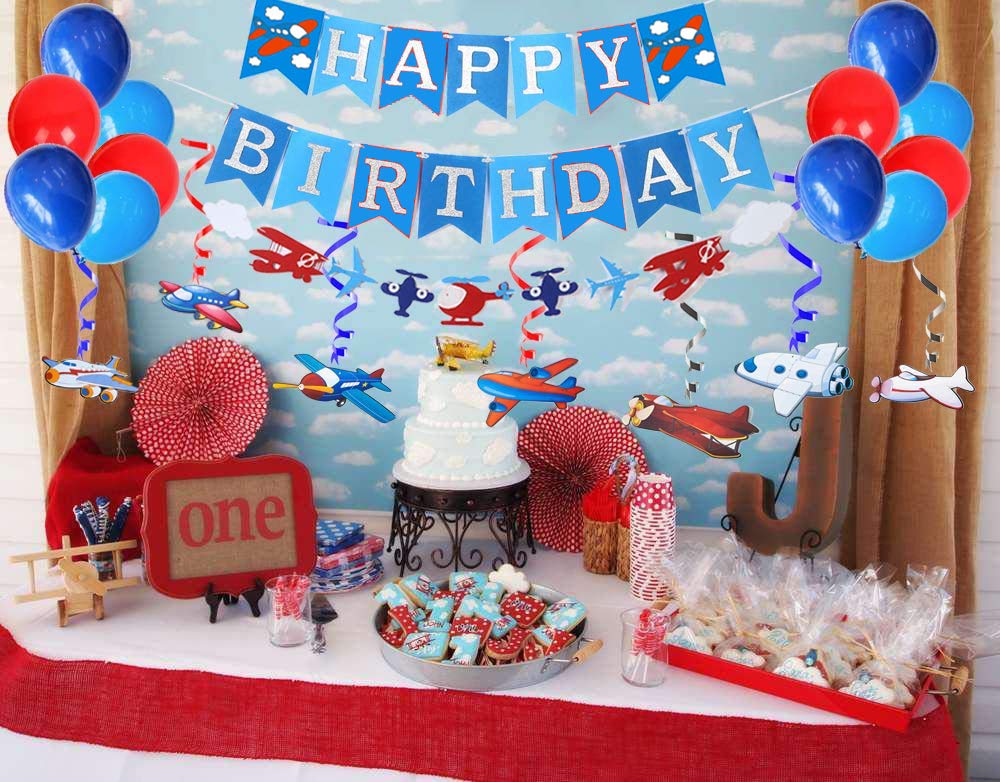 Silver Glitter Airplane Aviator Themed Birthday Party Decorations - 30ct Hanging Airplane Swirls, Foil Balloons & Happy Birthday Banner for Aviation Theme Parties | Perfect for Kids' Birthday, Baby Shower & Aviation Enthusiast Celebrations