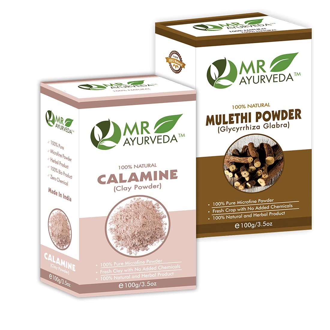 MR Ayurveda Calamine Clay Powder & Mulethi Powder Combo Pack - 100g Each | Natural Skin Care for Acne, Oily Skin & Face Masks | Perfect for DIY Beauty Treatments & Ayurvedic Remedies
