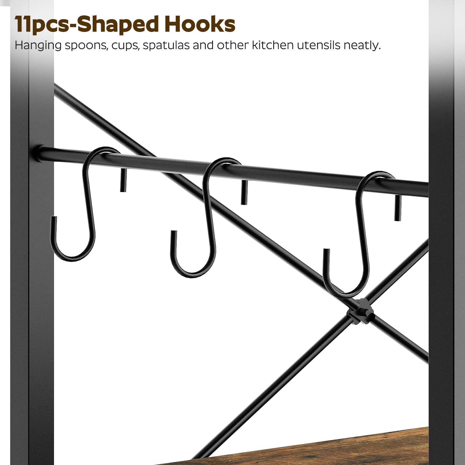 4-Tier Bakers Rack with Power Outlets & LED Lights - Microwave Stand, Coffee Bar Station & Kitchen Storage Shelf - Rustic Brown Kitchen Organizer with S-Hooks for Pots, Pans & Spices - Perfect for Small Kitchens, Apartments & Coffee Stations