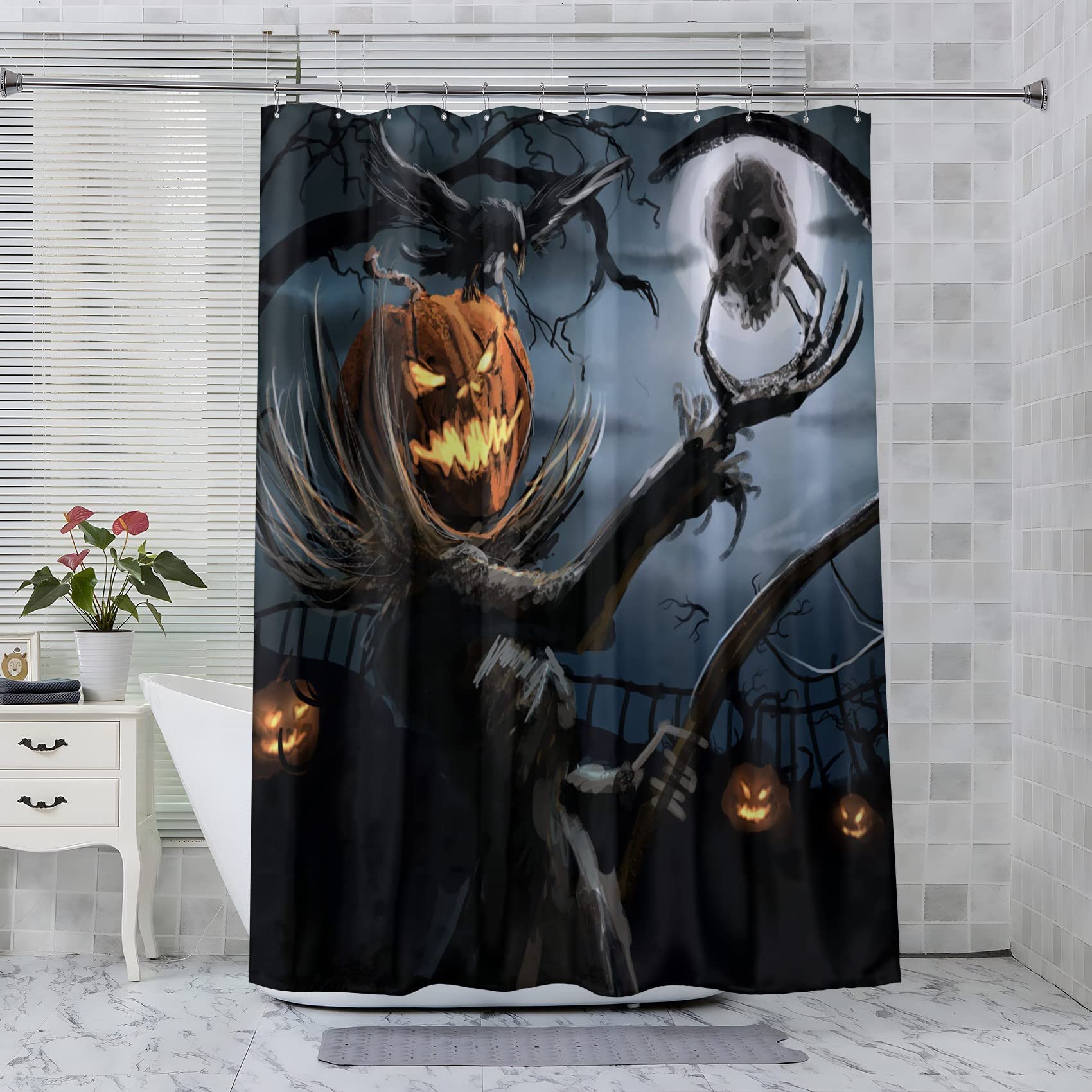 Halloween Shower Curtain - Pumpkin Wizard Crow Skull Moon Design Waterproof Fabric Bathroom Decor (36x72 Inch) with 12 Hooks - Perfect for Spooky Bathroom Makeovers & Gothic Home Decor