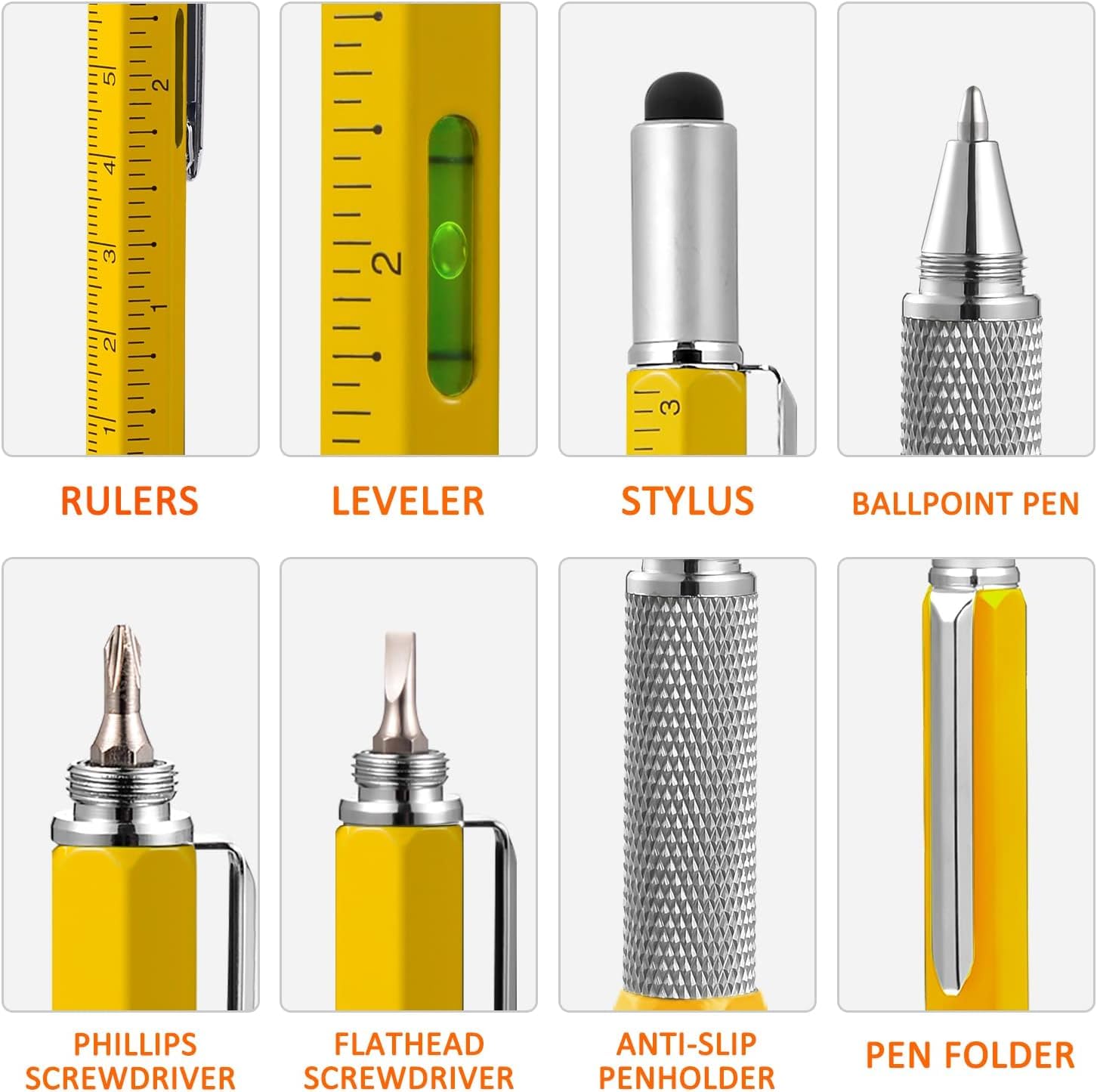6-in-1 Multitool Pen with Stylus, Ruler, Level & Screwdriver - Includes 2 Refills - Durable Aluminum Construction - Perfect for Office, Construction, DIY & Everyday Carry (EDC)