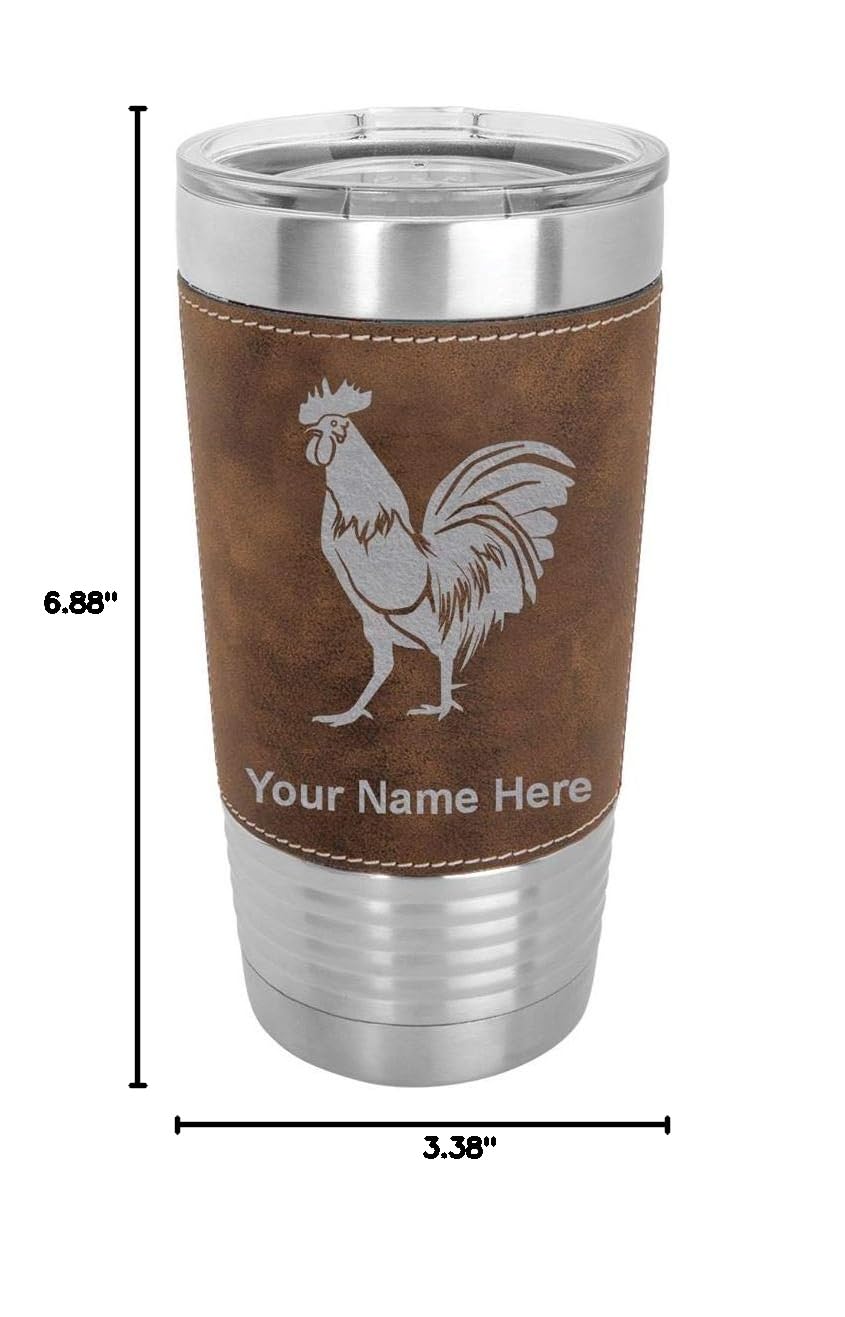 LaserGram 20oz Vacuum Insulated Stainless Steel Tumbler Mug with Personalized Engraving - Rooster Design, Faux Leather & Rustic Finish - Perfect for Coffee, Tea, or Cold Drinks at Home, Office, or Travel