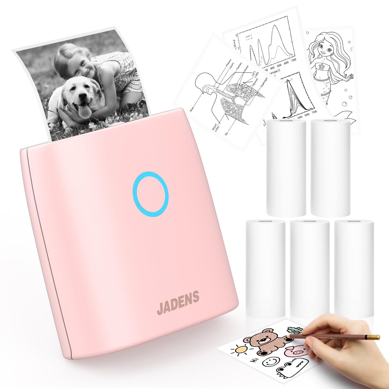 JADENS Portable Sticker Printer with 5 Rolls Thermal Label Paper - Ideal for Small Business, Shipping Labels, Retail Pricing & Organizing