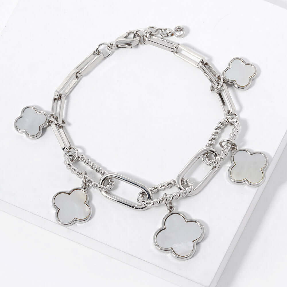 Elegant White Gold Dipped Mother of Pearl Quatrefoil Charm Station Chain Bracelet for Women | Perfect for Weddings, Parties & Special Occasions