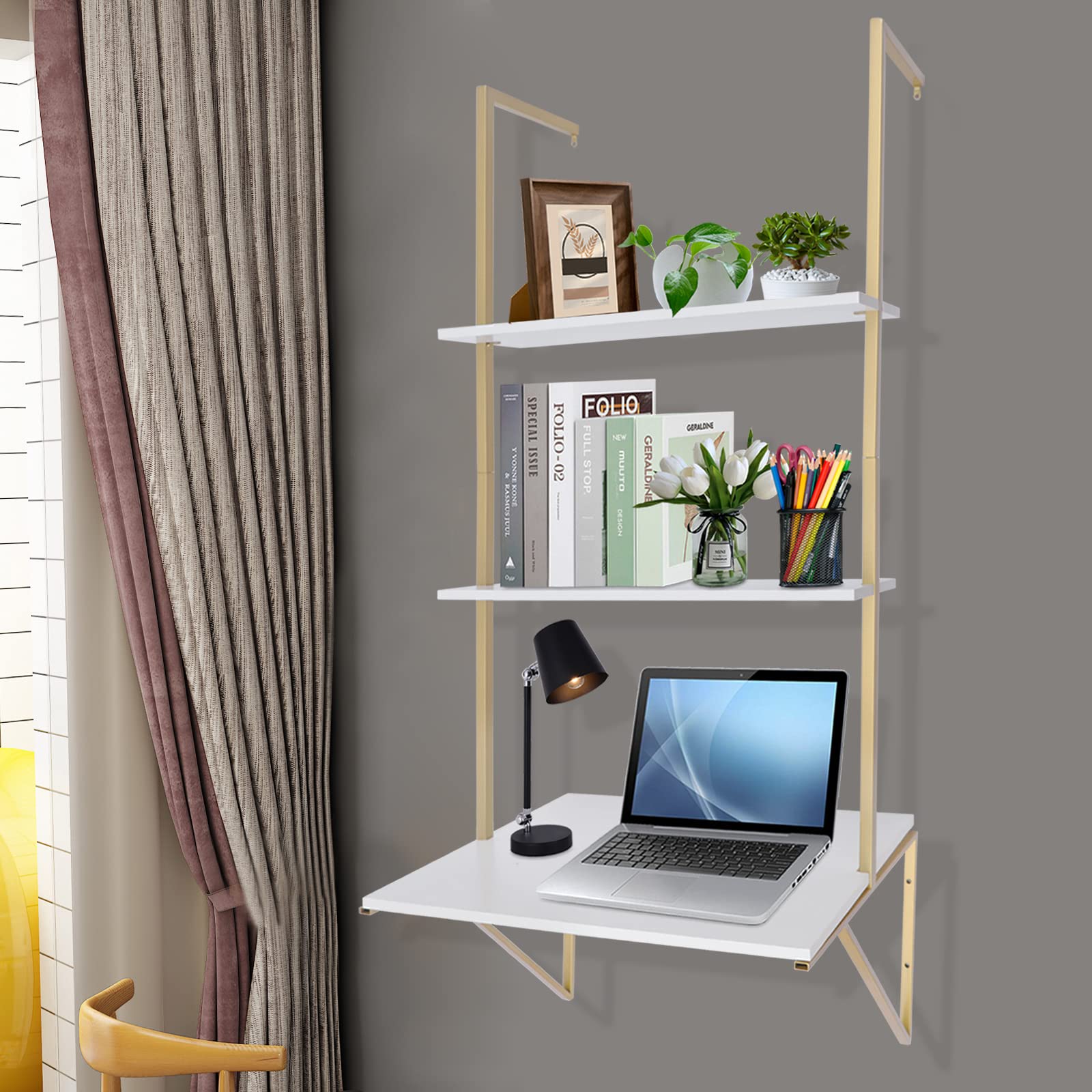 3 Tier Floating Wall Shelf - Gold Standing Ladder Desk for Laundry, Bathroom, Kitchen, Bedroom & Office - Space Saving Decorative Storage & Display Solution