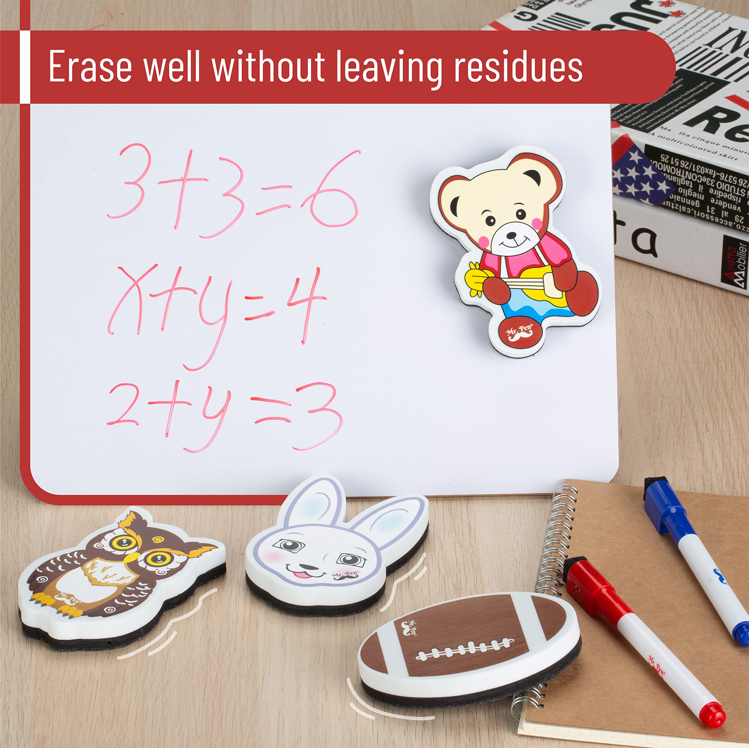 Mr. Pen - 6 Pack Multicolor Magnetic Whiteboard Erasers, Animal & Pen Shaped Foam and Felt Erasers for Classroom, Office, Game Centers - Perfect for Teachers, Students & Kids Learning Activities