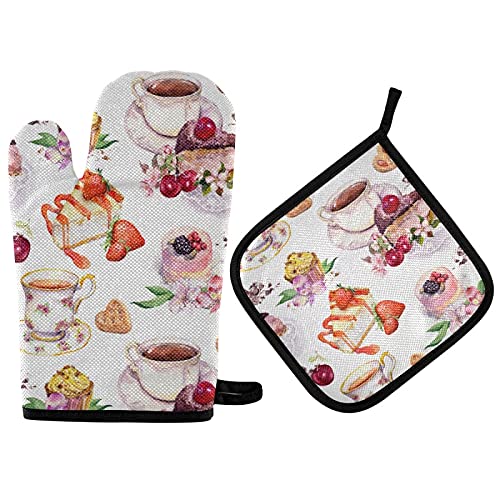 Heat Resistant Oven Mitts and Pot Holder Set - Floral Coffee Cake Design, Strawberry Kitchen Decor for Baking, Grilling & BBQ - Perfect for Summer Tea Parties and Cooking