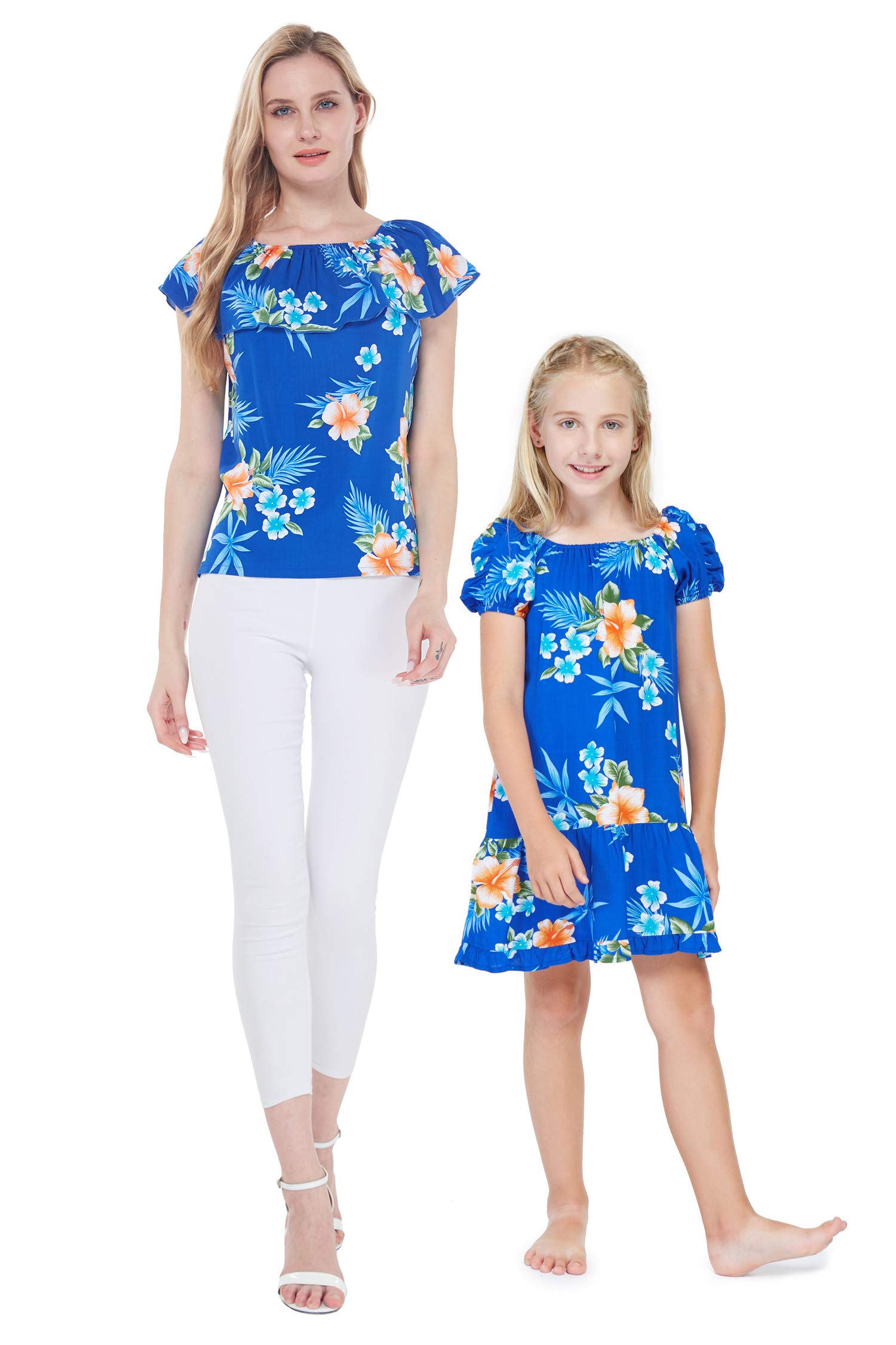 Hawaiian Luau Matching Outfits for Mother and Daughter - Off-Shoulder Top & Floral Muumuu Dress in Hibiscus Blue | Tropical Beach Party, Family Vacation, Summer Photoshoot