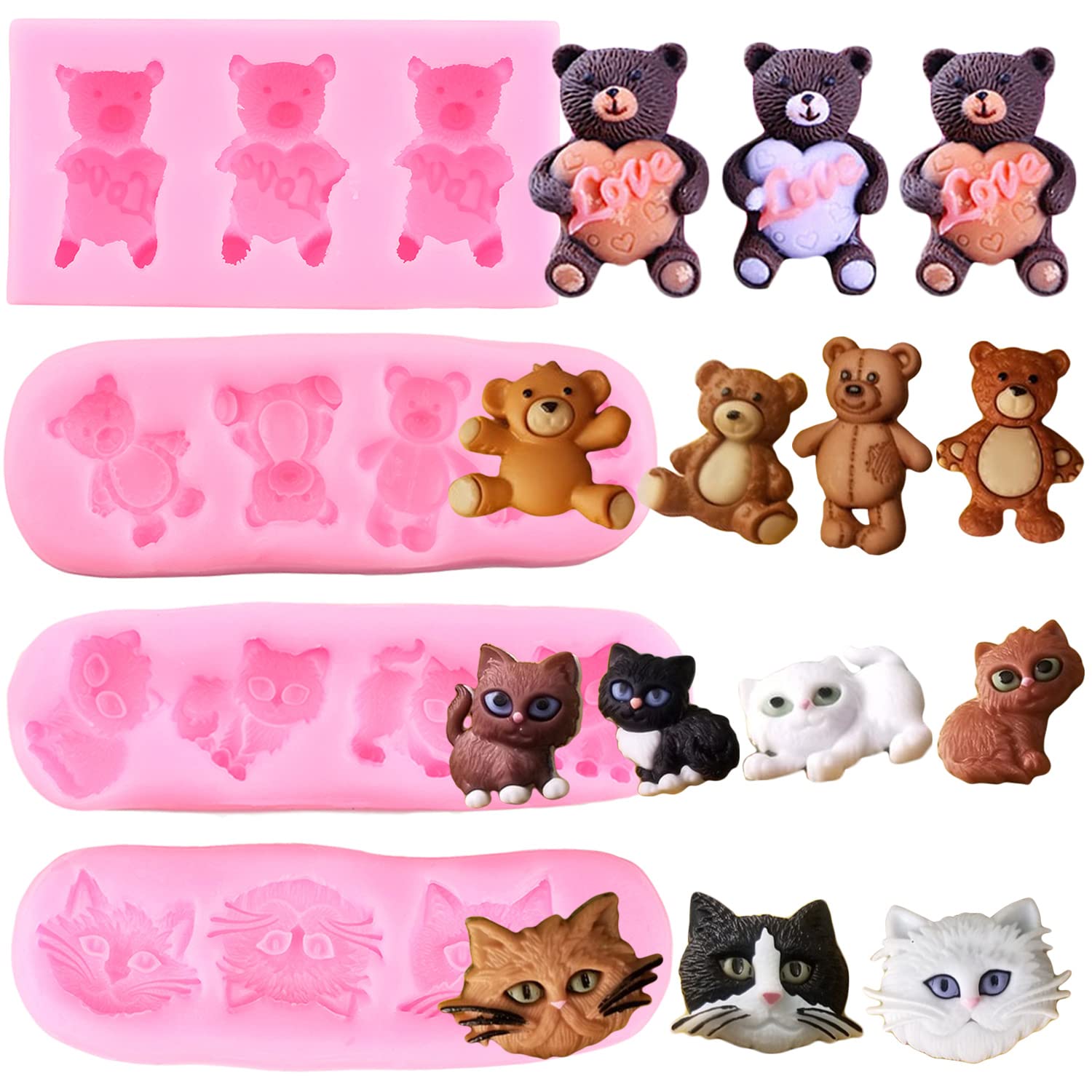 Premium Bear & Cat Silicone Fondant Molds Set of 4 - Cake Decorating, Chocolate, Candy, Gum Paste, Polymer Clay Tools for Cupcake Toppers - Perfect for Birthday Parties, Baking DIY, and Holiday Desserts
