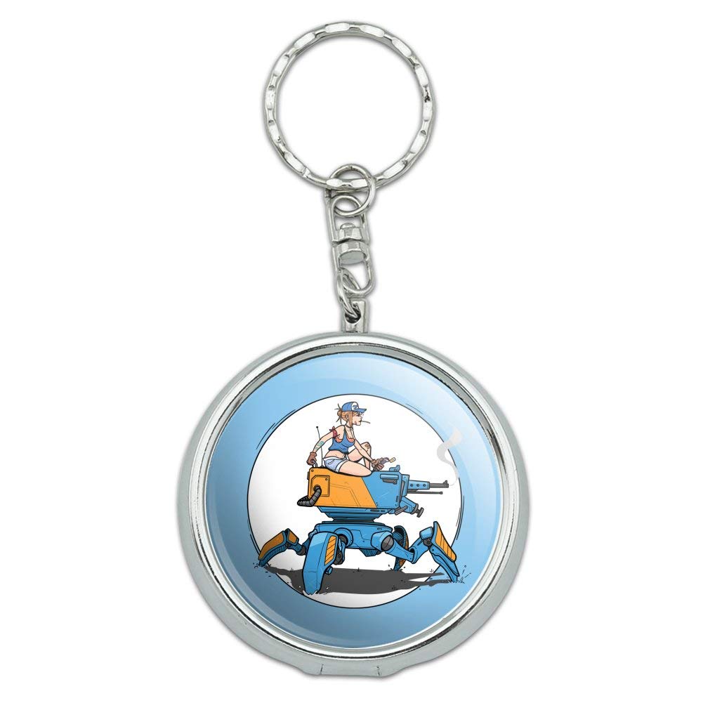 Mechanic Girl Riding Mecha Robot Tank Keychain - Portable Travel Size Pocket Purse Ashtray with Cigarette Holder - Unique Anime Mech Engineer Gift for Car Enthusiasts & Gamers - Perfect for Keychains, Collectibles & Smoking Accessories