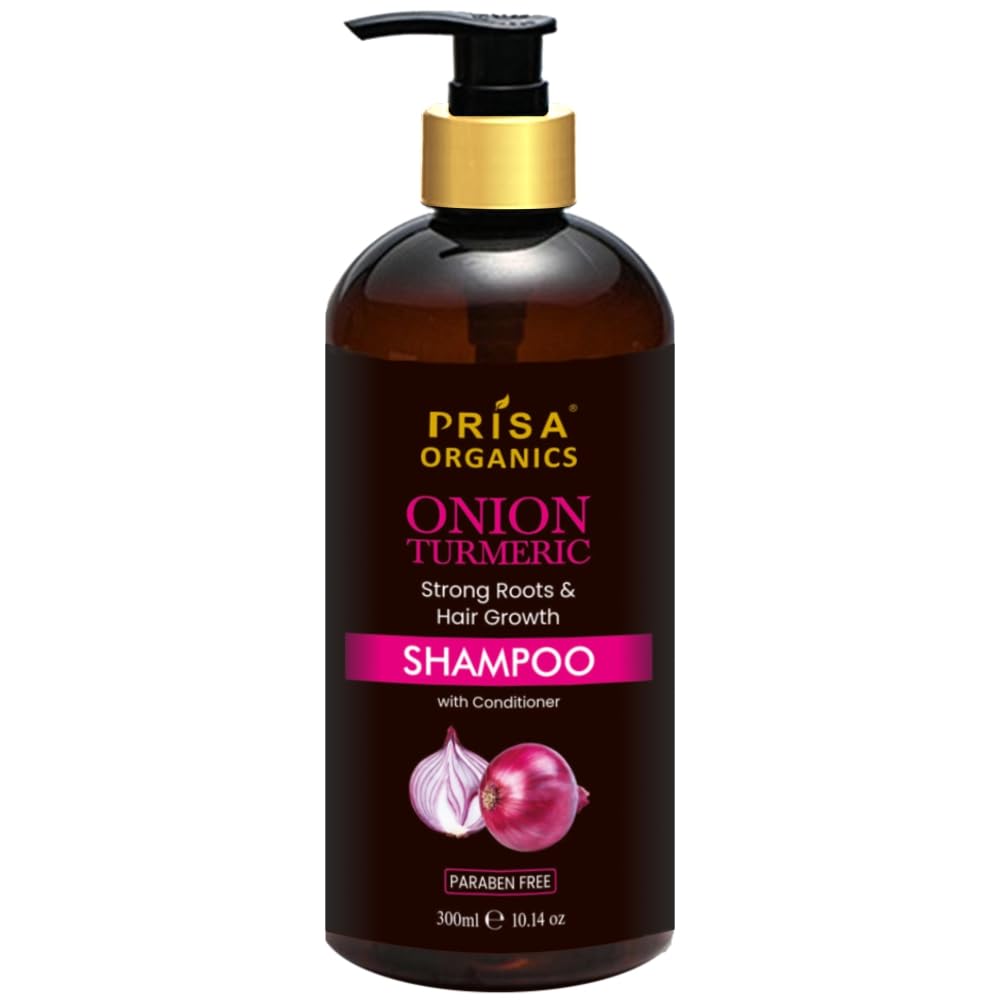 Prisa Organics Onion & Turmeric Shampoo with Conditioner - Anti Hair Fall Control, SLS & Paraben Free (300ml) | Promotes Hair Growth & Scalp Health for Men & Women