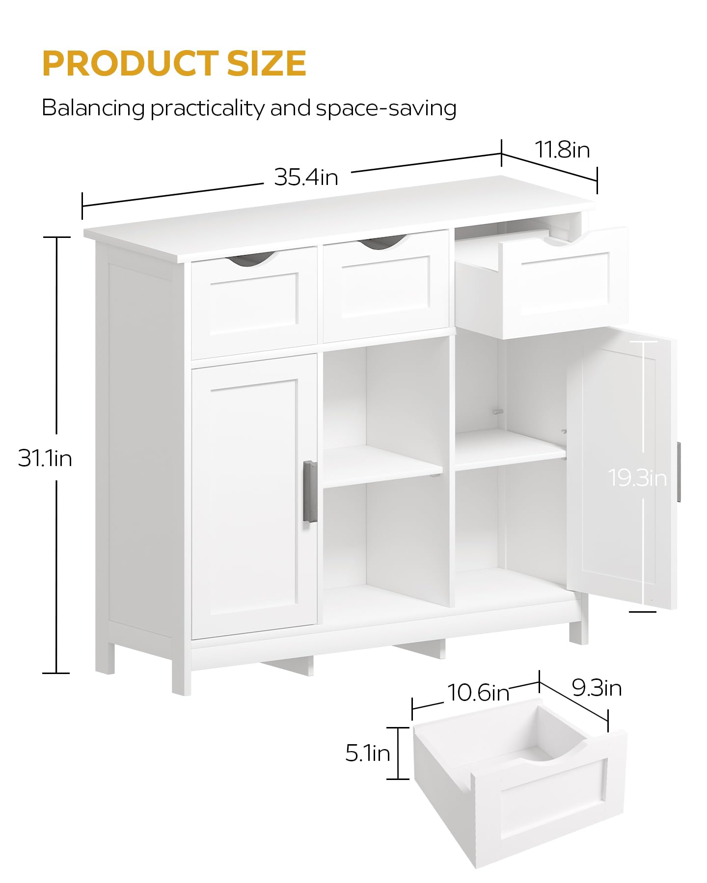 Wooden Storage Cabinet with Drawers & Shelves - Living Room, Bedroom, Bathroom Furniture (White)