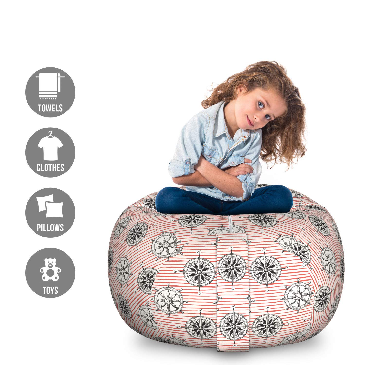 Ambesonne Nautical Toy Storage Bag Chair - Ocean Theme with Hand-Drawn Ship Steering Wheel & Sea Compass Pattern - Pink Multicolor Large Washable Stuffed Animal Organizer | Perfect for Kids' Room, Playroom & Beach Toy Storage