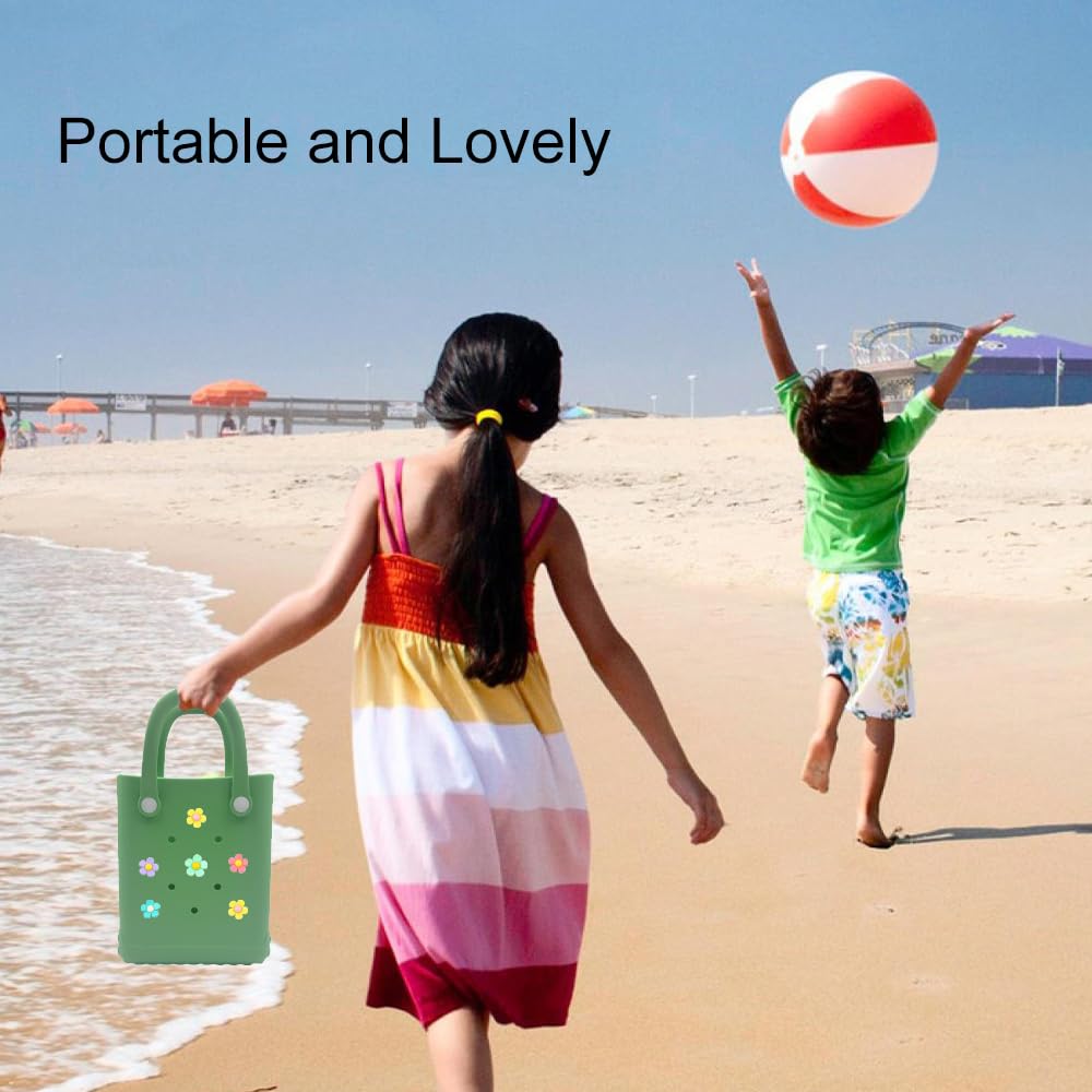Mini Rubber Tote Bag 6.5x8.0x3.1 Inches - Small Waterproof Beach Bag with Cute Charms for Women & Girls (Purple) | Perfect for Pool, Beach, Gym & Shopping