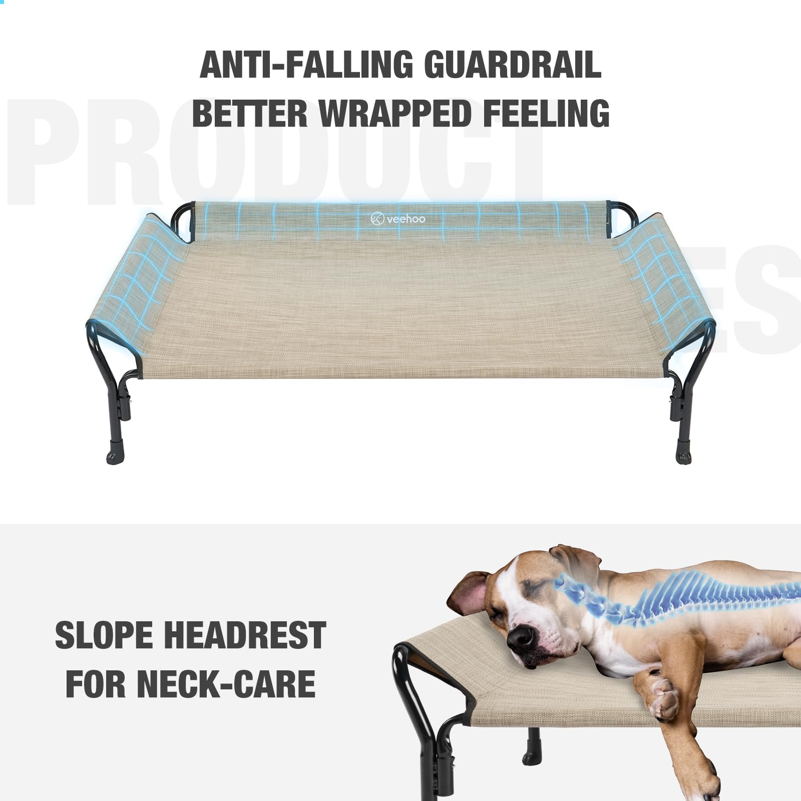 Veehoo Cooling Elevated Dog Bed for Large Dogs - Breathable Teslin Mesh, Durable Raised Cot with Guardrail & Slope Headrest - Indoor/Outdoor Dog Sofa Bed (Large, Beige Coffee) | Perfect for Backyard, Patio & Home Use