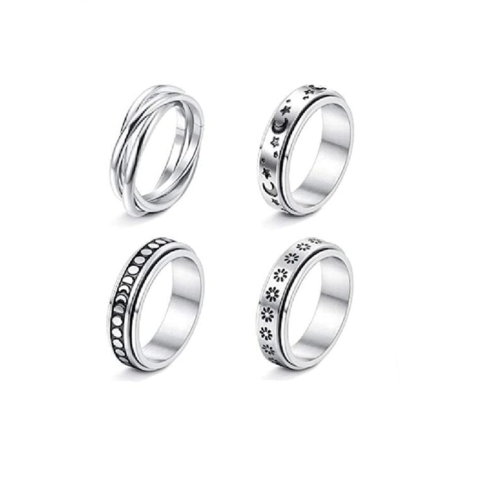 Anti Anxiety Fidget Ring - Stainless Steel Spinner Ring for Women & Men, Sun Moon Star Design, Rotatable Thumb Spinner for Stress Relief - Perfect for ADHD, Anxiety, Wedding Bands, Engagement & Promise Rings - Great for Office, Travel & Daily Stress Management