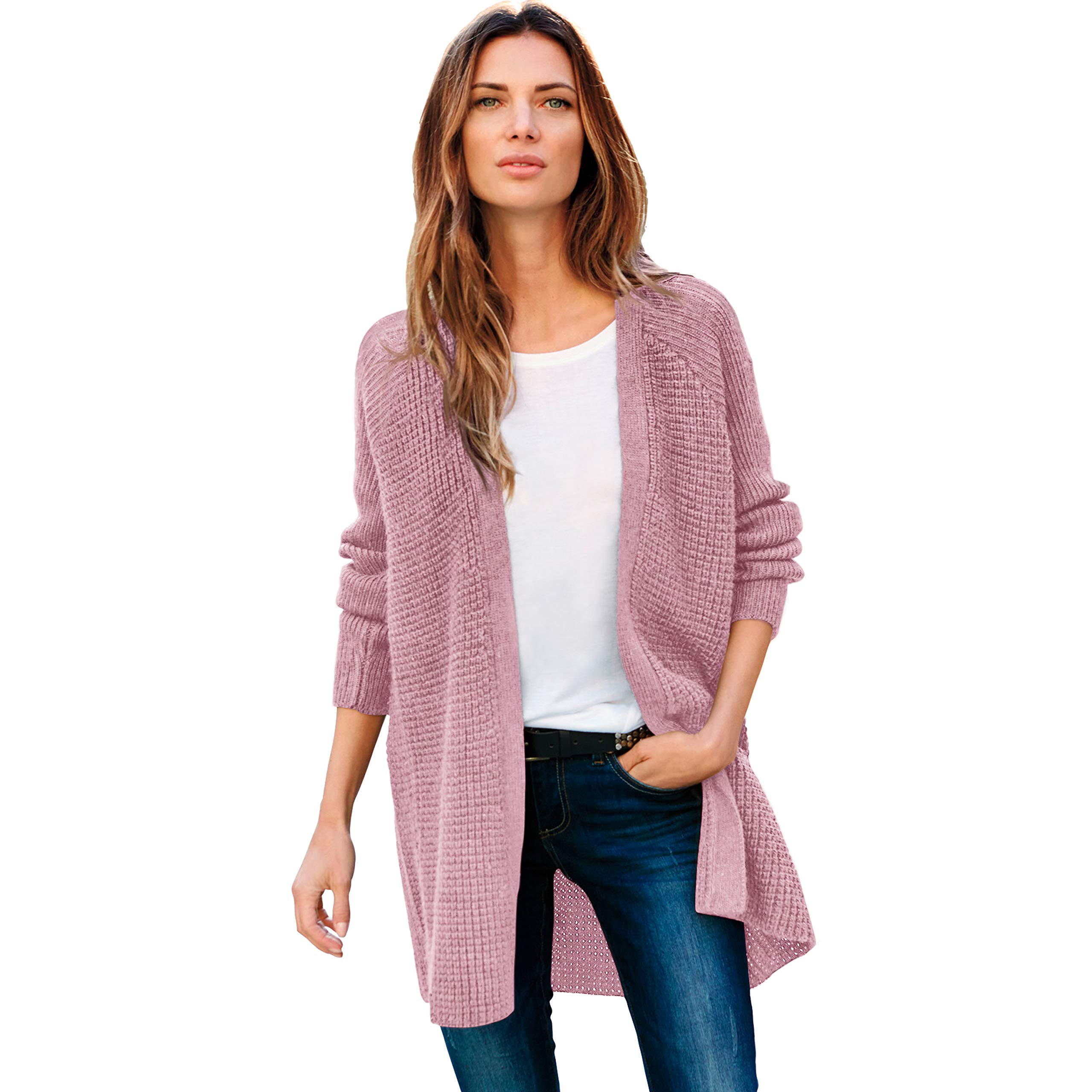 Ellos Women's Plus Size Open Front Waffle Cardigan - Oversized Long Lightweight Sweater for Casual Wear & Layering | Perfect for Office, Lounge & Fall Outfits