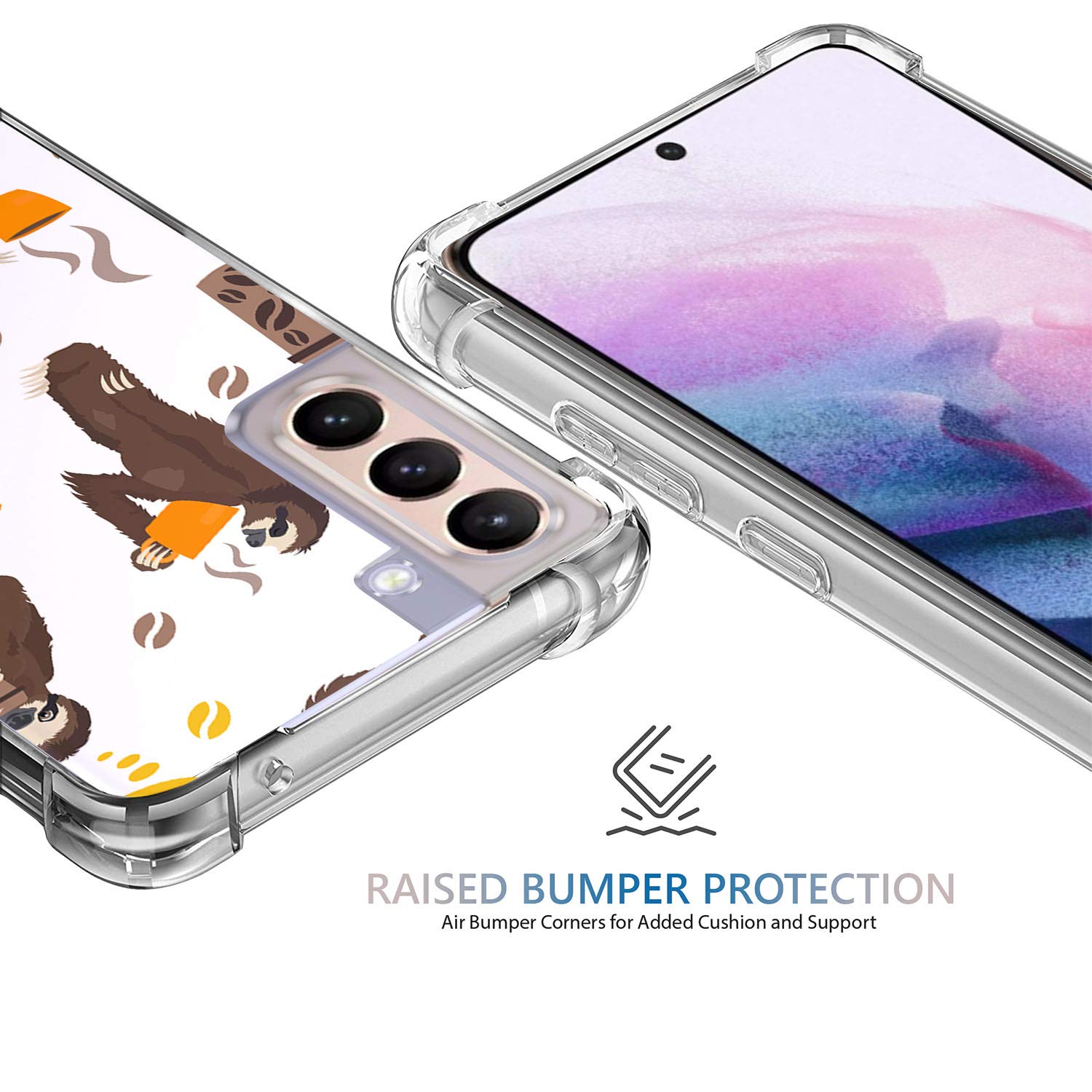 Clear Transparent Bumper Phone Case Compatible with Samsung Galaxy S21/S21 5G (2021) - Premium Protective Cover with Coffee Sloth Design | Perfect for Everyday Use, Work, and Travel