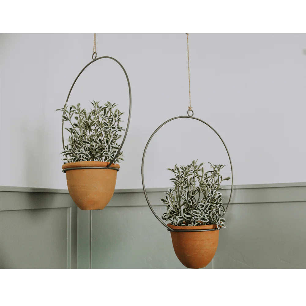 Handmade Terracotta Planter with Rustic Metal Hanger - Perfect for Indoor Plants, Hanging Herb Gardens & Boho Home Decor